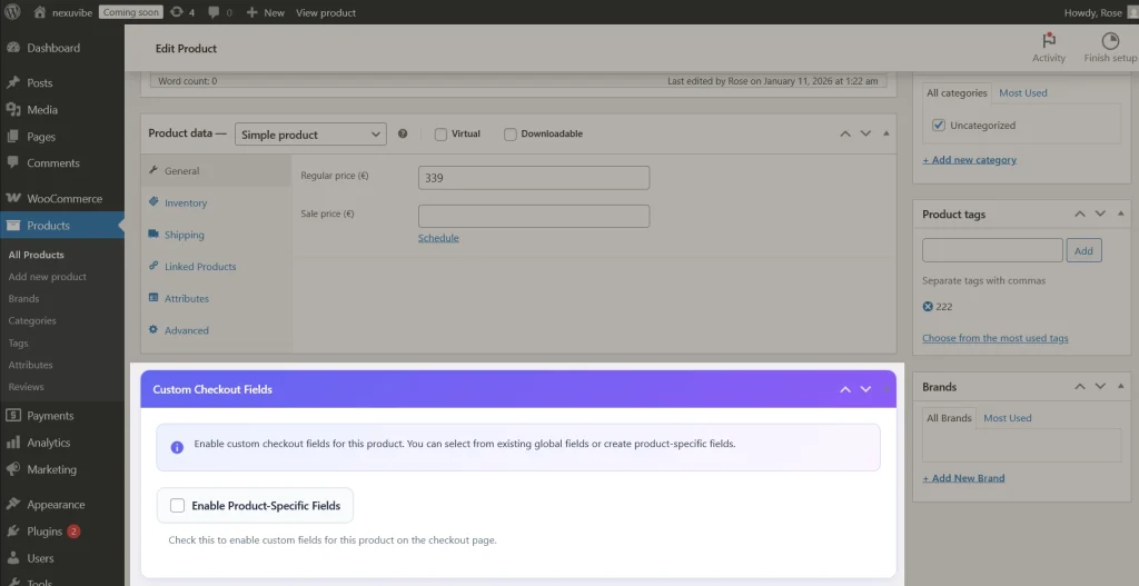 How to Collect Extra Customer Data with Custom WooCommerce Checkout Sections 2 WooCommerce per product checkout fields configured from the product edit screen for collecting product specific customer data without adding global checkout clutter