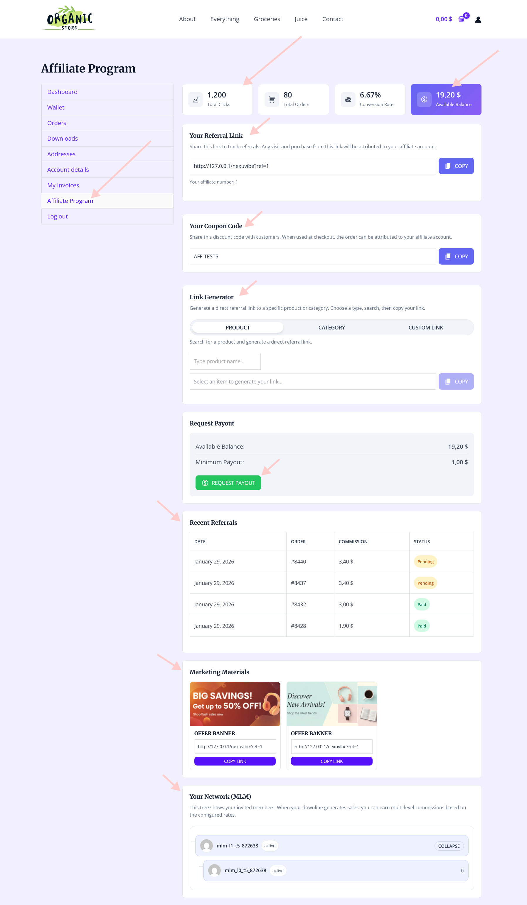 WooCommerce affiliate frontend dashboard showing payout balance and withdrawal request tools in My Account area – what affiliates see when requesting commission payouts