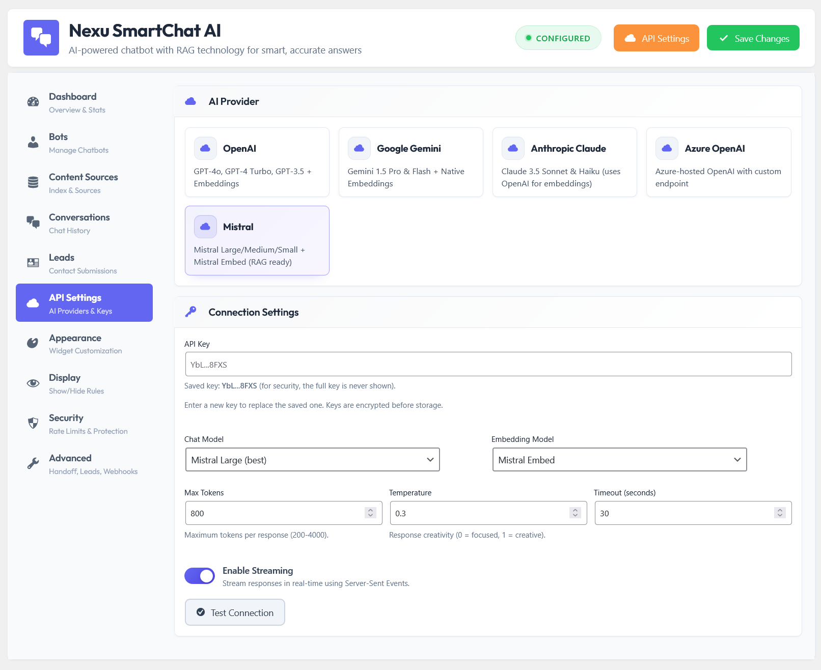 SaaS Chatbot Platforms vsSelf-Hosted WordPress Plugins:The True Cost Breakdown for 2026 2 Self-hosted WordPress chatbot API settings – connect your own OpenAI or Claude API key with no intermediary markup and full cost control