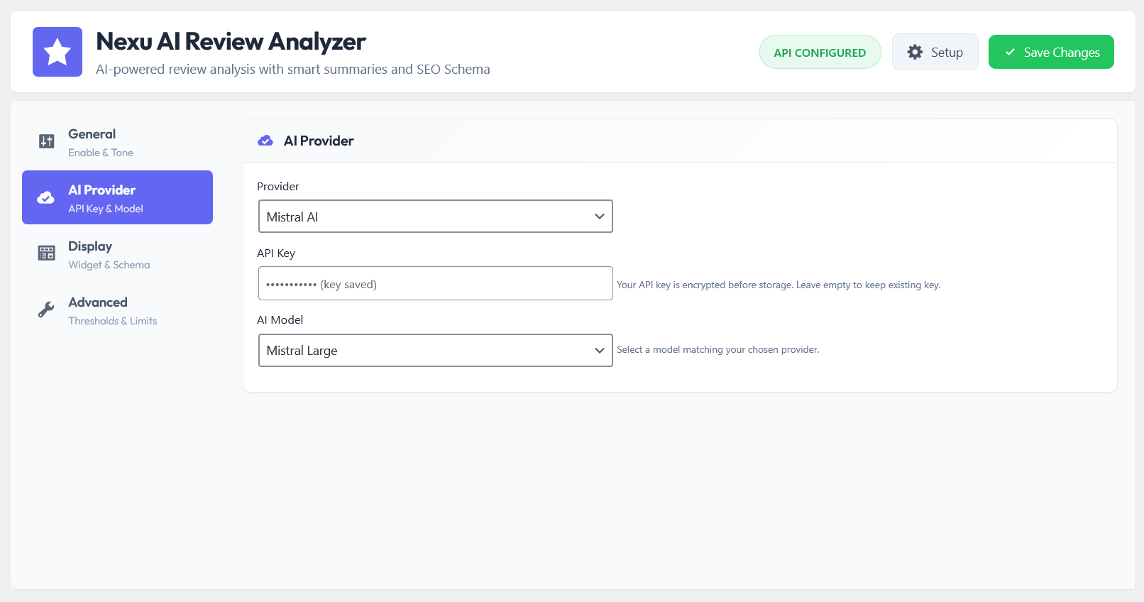 Best AI Review Summary Plugin for WooCommerce in 2026 4 Nexu AI Review Analyzer API settings tab - configuring OpenAI, Claude or Gemini API key in the best WooCommerce AI review summary plugin for 2026