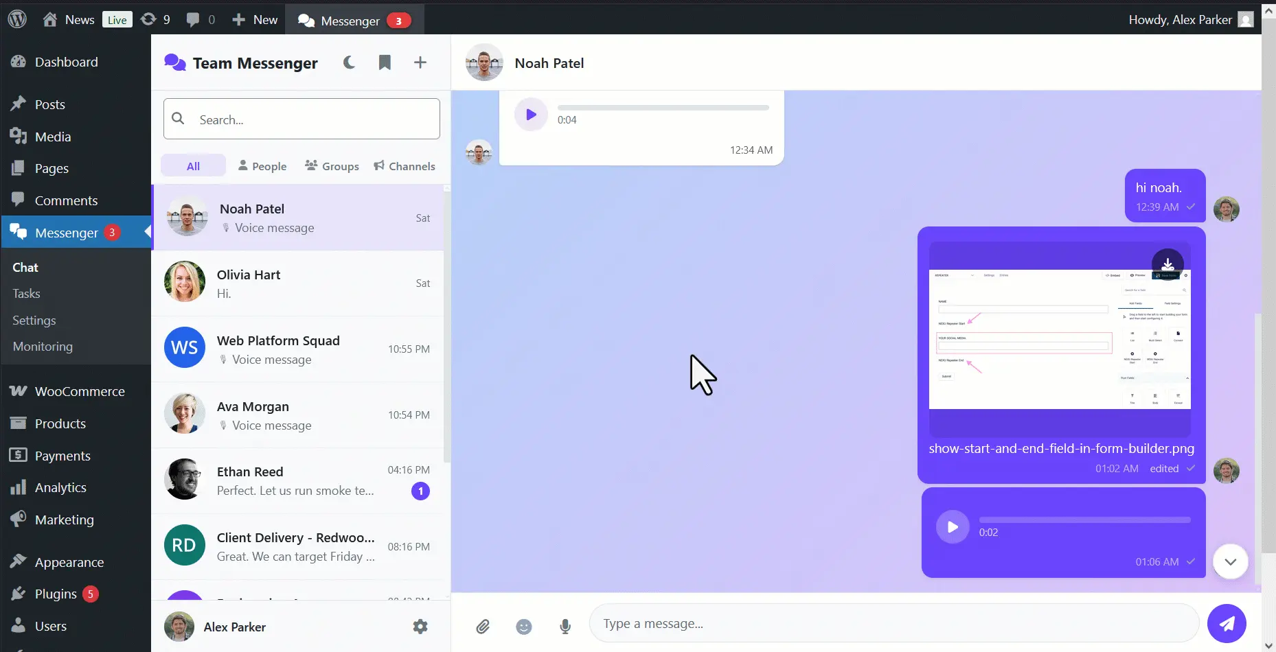 Recording and sending a voice message within the chat interface