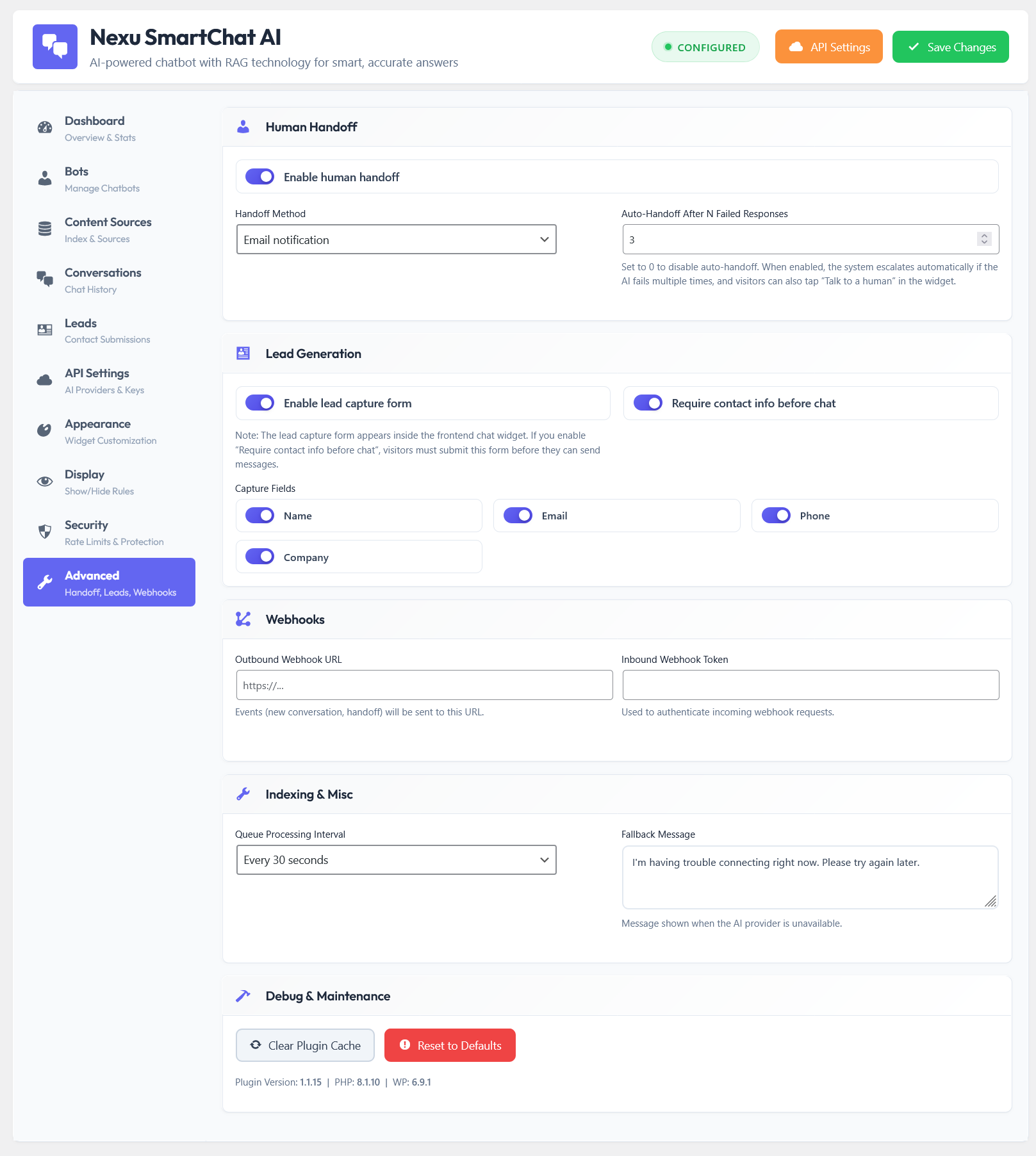 WooCommerce AI chatbot advanced settings for product card display – configure live pricing stock status and add-to-cart integration parameters