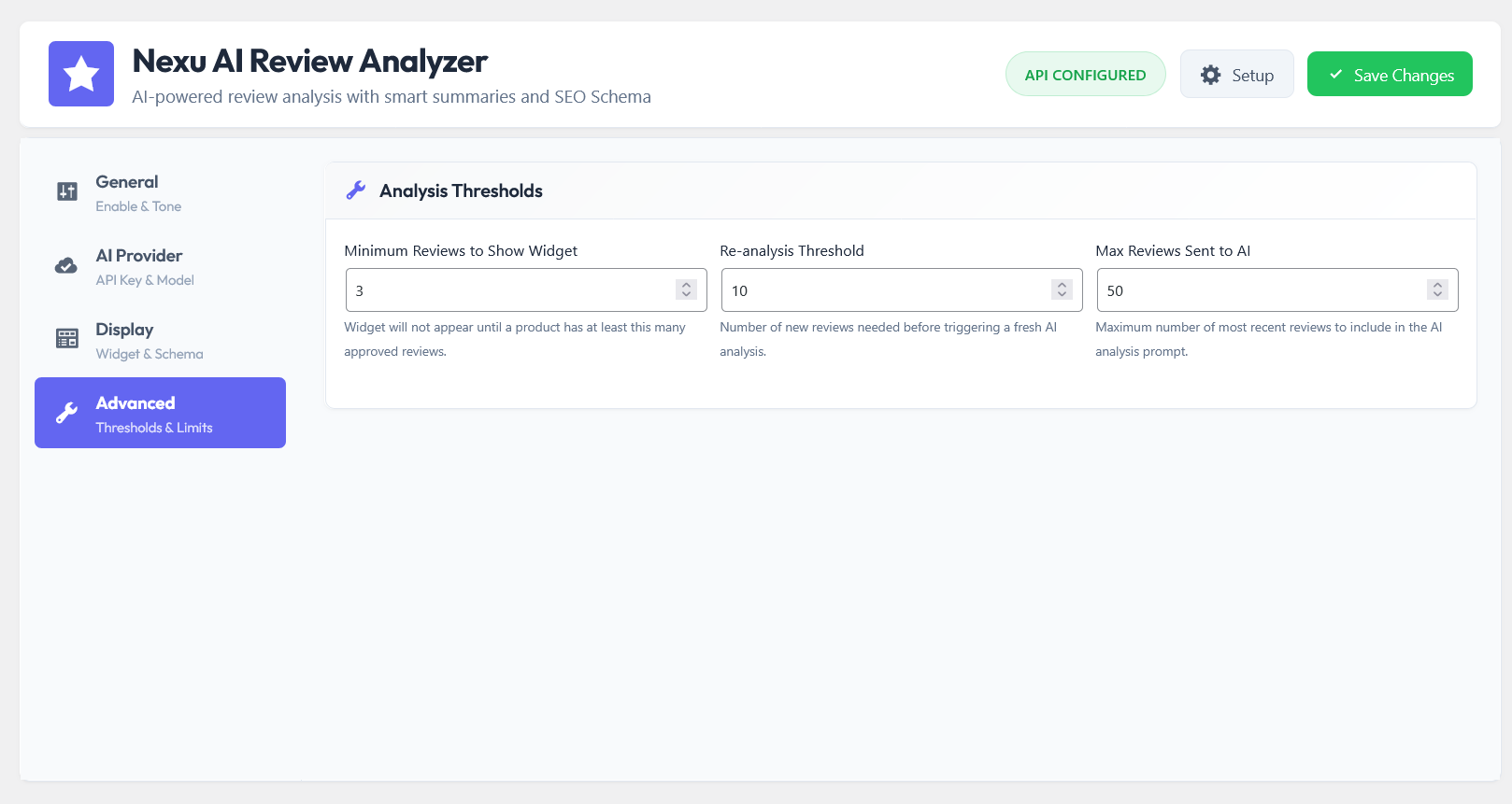 Nexu AI Review Analyzer advanced settings showing automatic JSON-LD schema markup configuration for WooCommerce pros and cons rich snippets - SEO structured data output settings