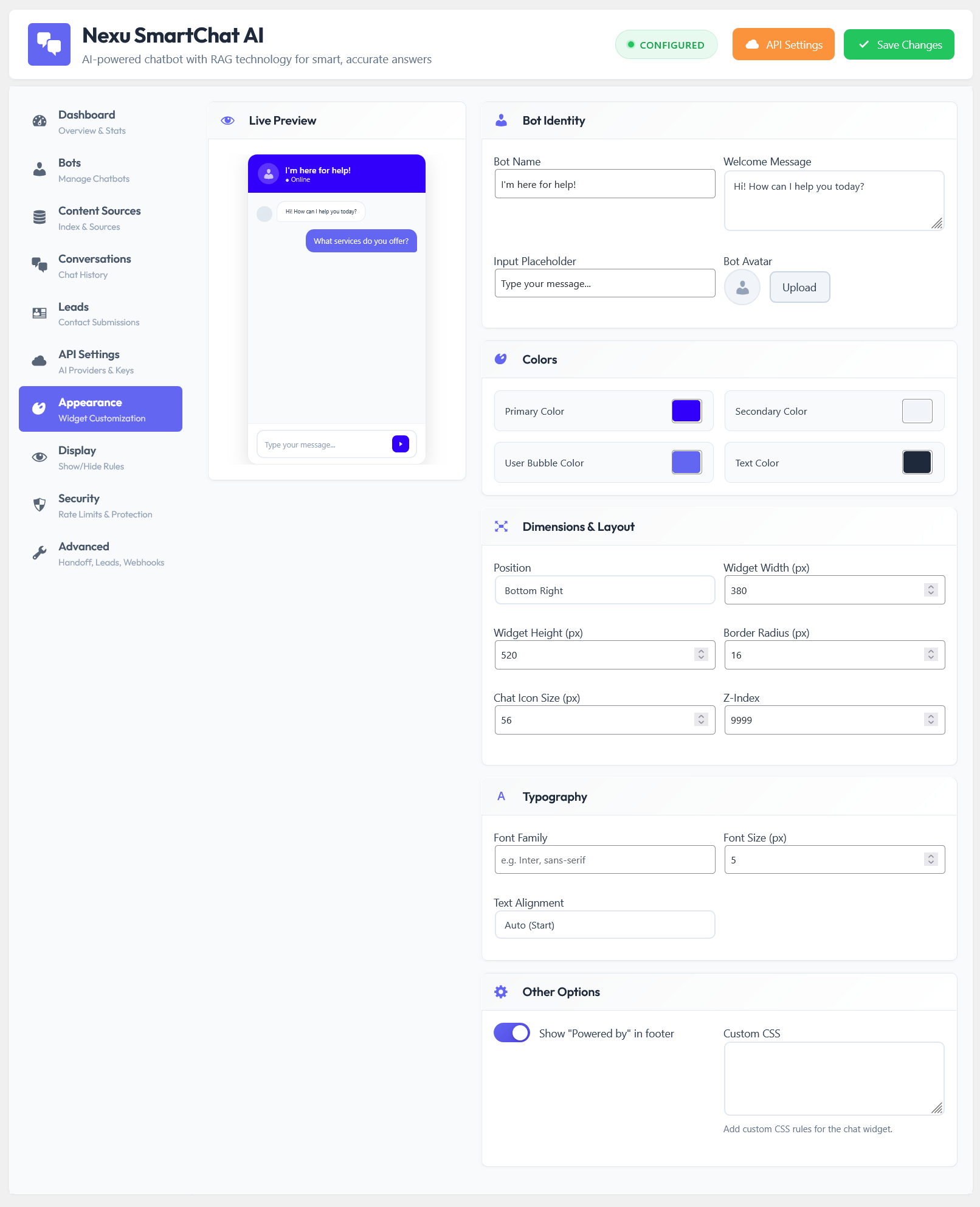 Nexu SmartChat WooCommerce AI shopping assistant appearance customization – live preview of chat widget colours fonts and avatar matching WooCommerce store branding