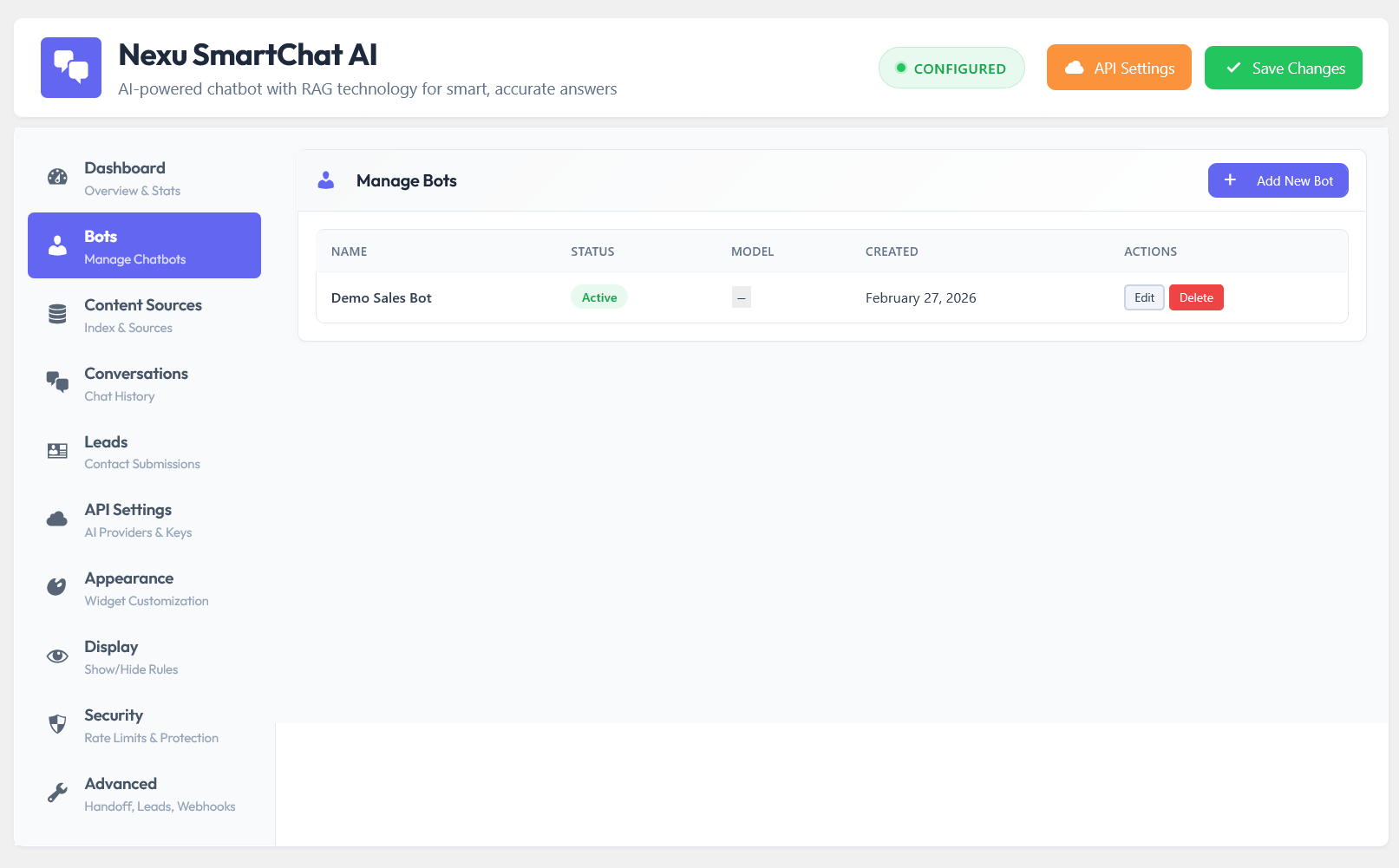 Nexu SmartChat bot persona creation panel – creating multiple AI chatbot personas with custom system prompts inside WordPress, no Chatbase subscription needed