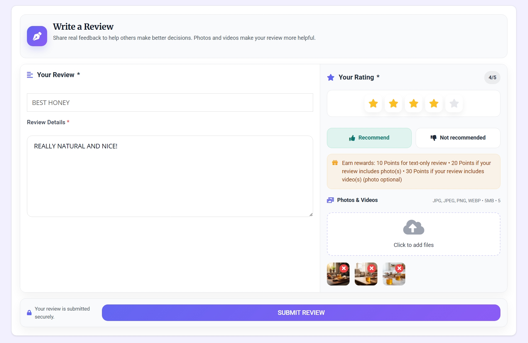 Modern WooCommerce review submission form with rating, recommendation, and compact media upload previews