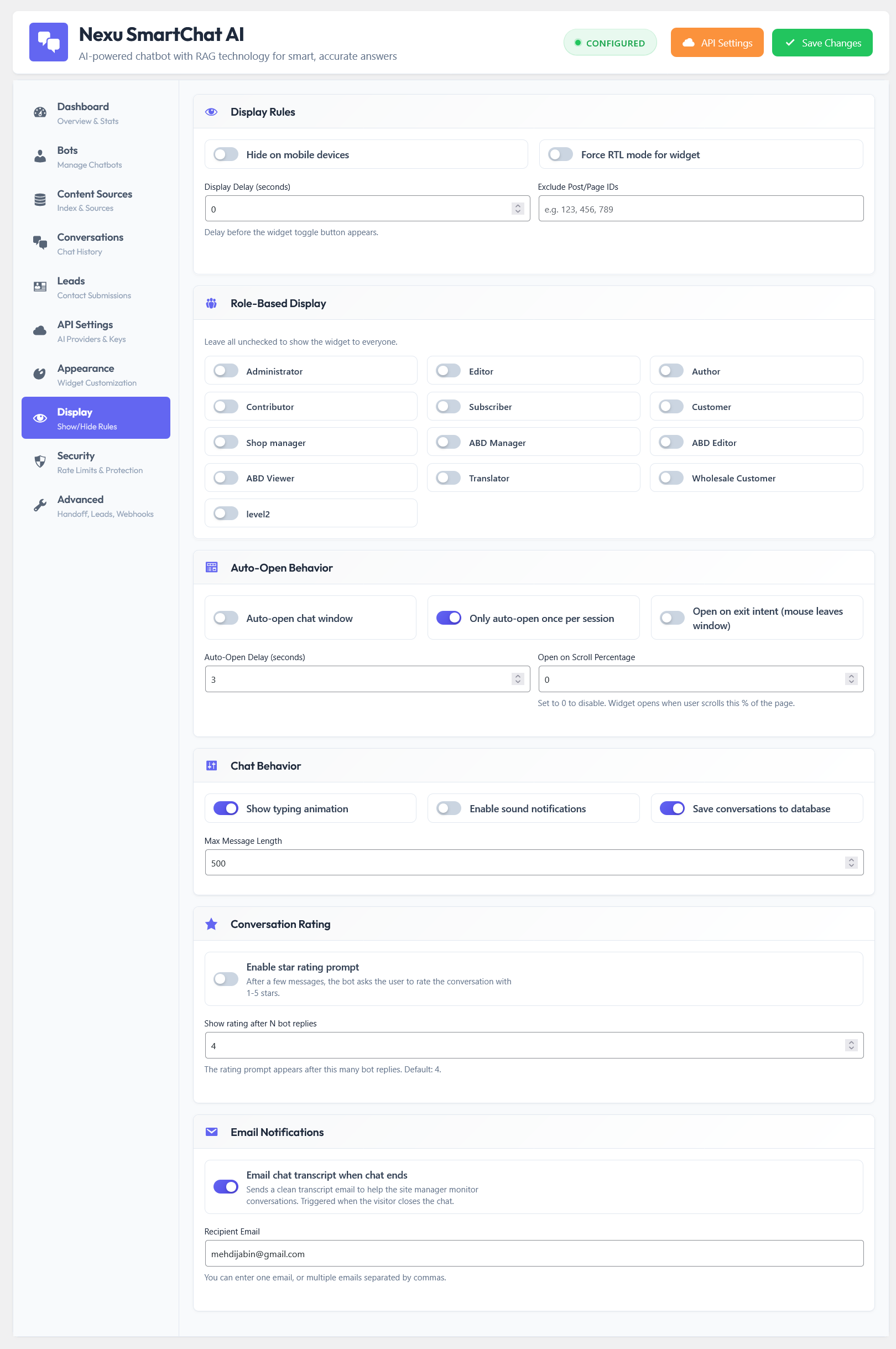 Display and behavior settings for targeting and triggers
