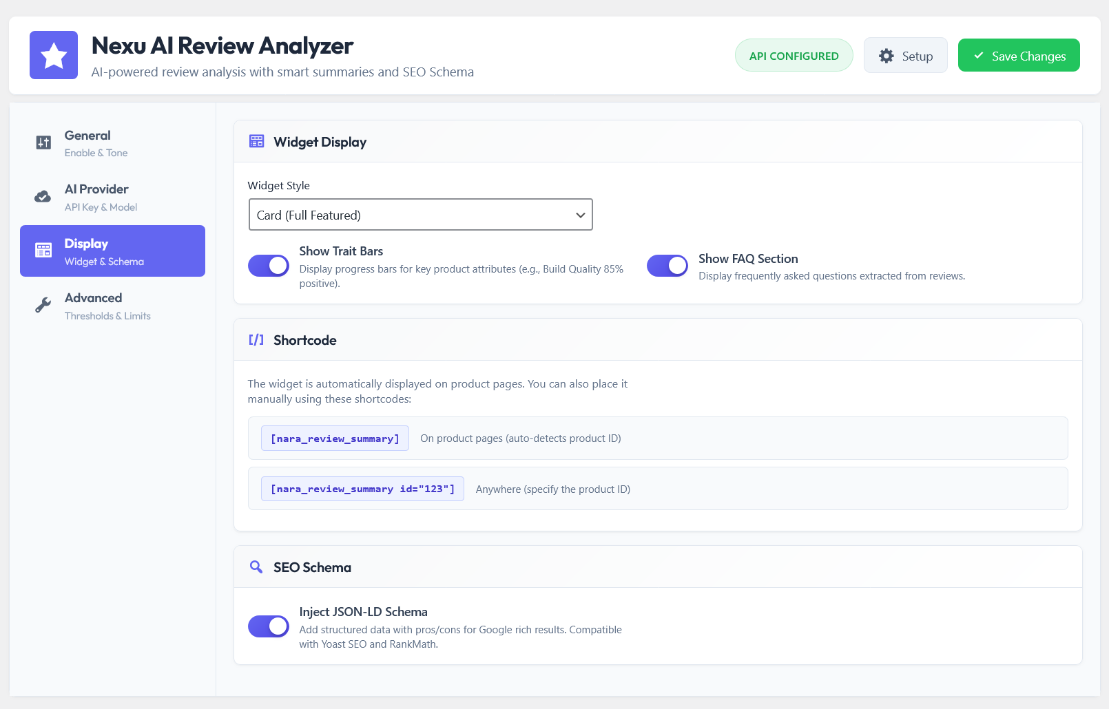 How to Increase WooCommerce Conversion Rates with AI Product Review Summaries 3 Nexu AI Review Analyzer display settings for conversion optimization - configuring the position and visibility of AI review summary components on WooCommerce product pages to maximize add-to-cart rates