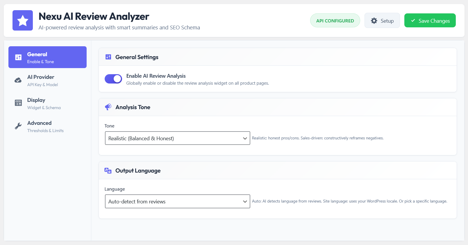 How to Increase WooCommerce Conversion Rates with AI Product Review Summaries 4 Nexu AI Review Analyzer general settings - configuring minimum review thresholds and analysis parameters that protect summary accuracy and maximize WooCommerce conversion rate improvement