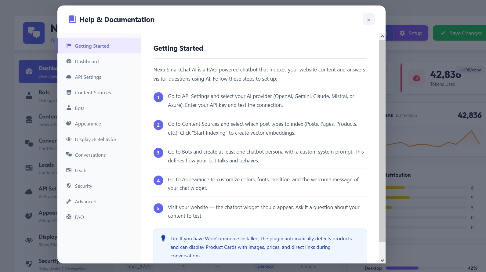 Interactive built-in help guide modal with comprehensive documentation