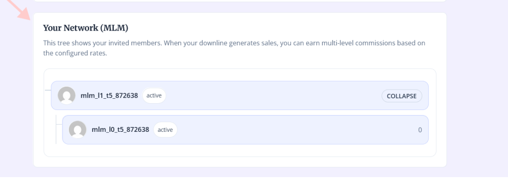 Affiliate Engine WooCommerce affiliate My Account frontend – sub-affiliate downline network view showing sponsor chain, recruited affiliates and parent commission earnings inside WordPress