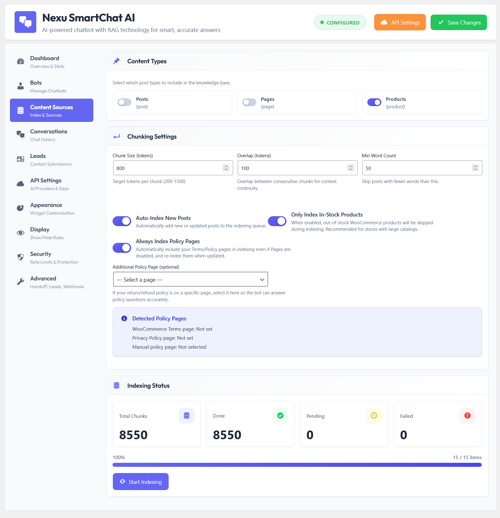 Nexu SmartChat auto-indexing panel – WordPress content sources being automatically indexed into RAG vector knowledge base, replacing manual Chatbase content uploads