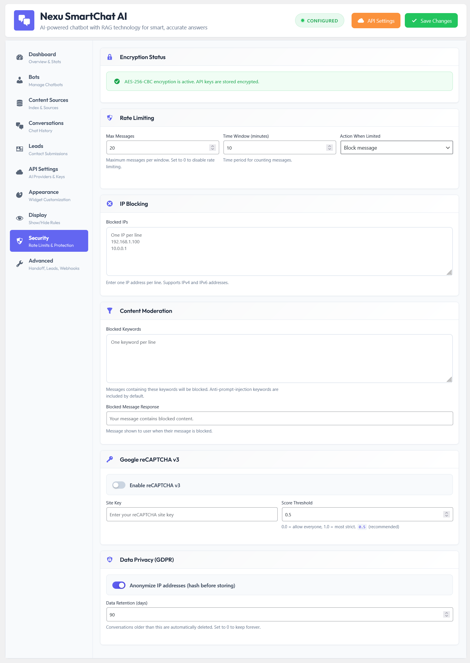How to Protect Your OpenAI APIBudget From Spam and Bot Abuseon WordPress 2 WordPress AI chatbot security settings panel – configure session rate limits IP blocking and input length controls to protect OpenAI API budget from abuse