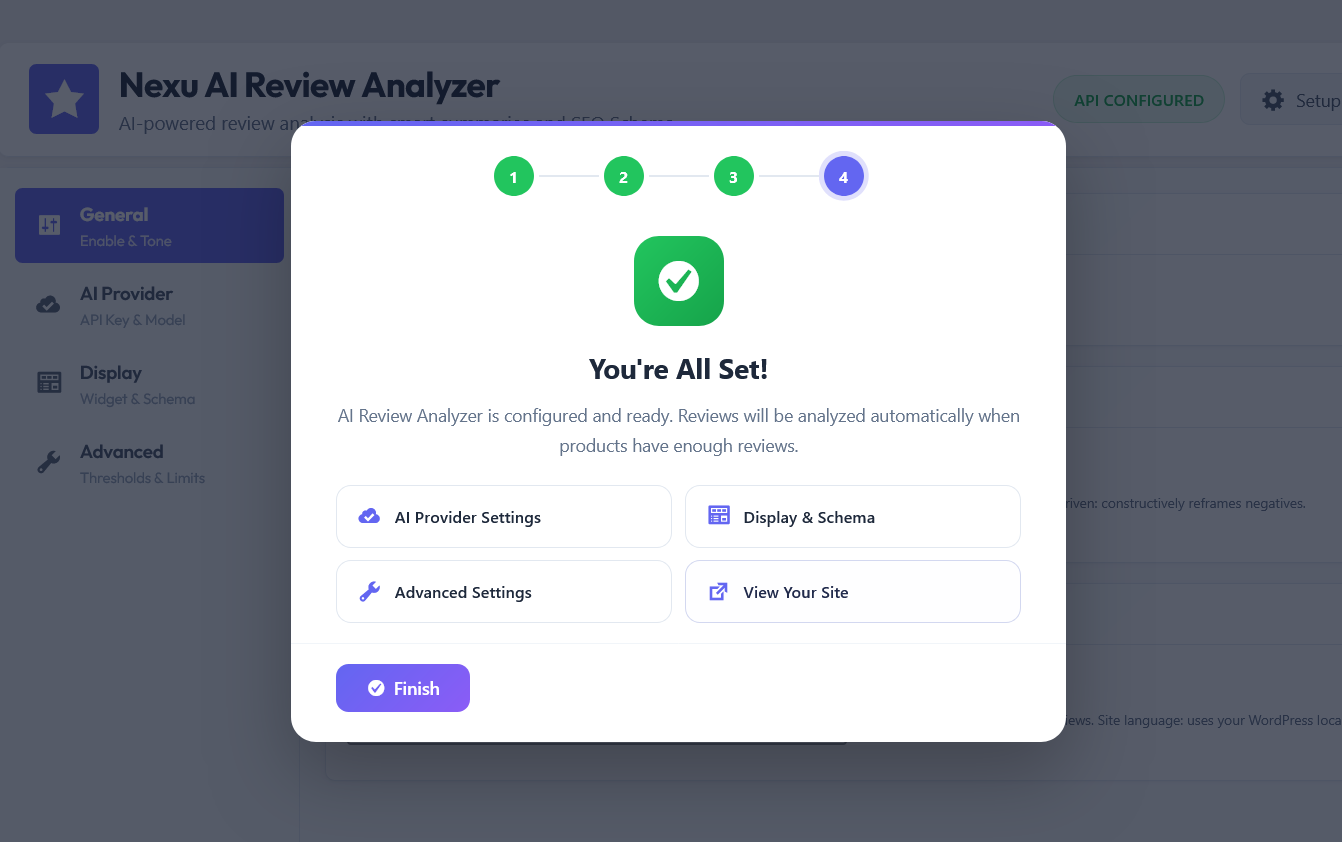 Best AI Review Summary Plugin for WooCommerce in 2026 3 Nexu AI Review Analyzer setup completion screen - finish step of the WooCommerce AI review summary plugin setup wizard showing successful configuration