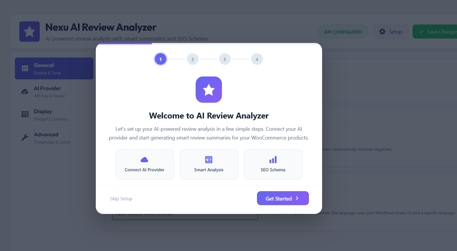 Nexu AI Review Analyzer setup wizard - first step of configuring the WooCommerce AI review analysis plugin that auto-generates pros and cons schema markup for SEO rich snippets