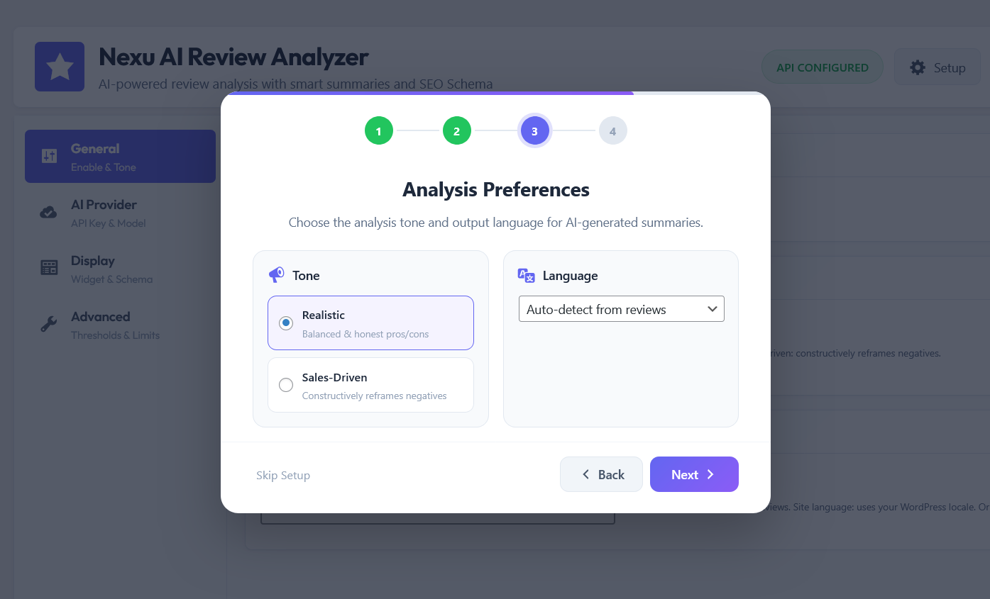 Best AI Review Summary Plugin for WooCommerce in 2026 5 Nexu AI Review Analyzer setup wizard step three - configuring display components and output options for the WooCommerce AI review summary plugin