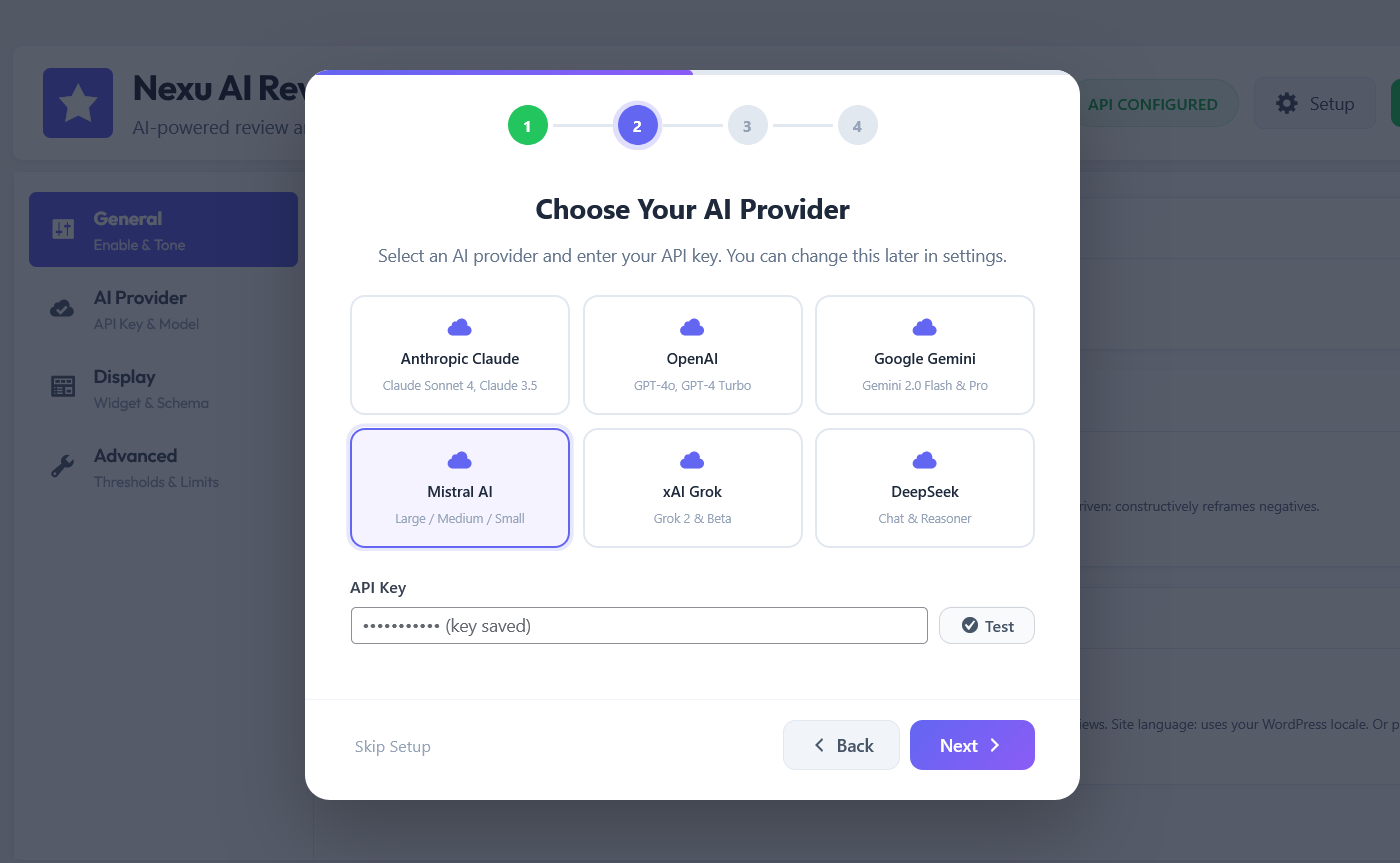 OpenAI vs. Claude vs. Gemini: Which AI is Best for WooCommerce Review Analysis? 2 Nexu AI Review Analyzer API settings showing OpenAI, Claude and Gemini model selection for WooCommerce review analysis - choosing between GPT-4o, Claude and Gemini AI providers