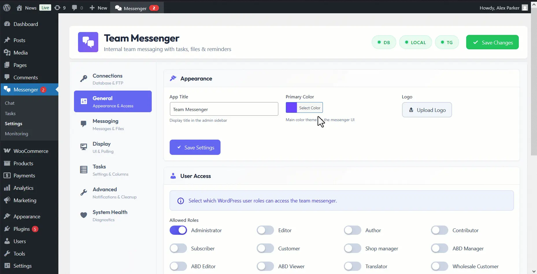 The extensive system management and permission settings tabs