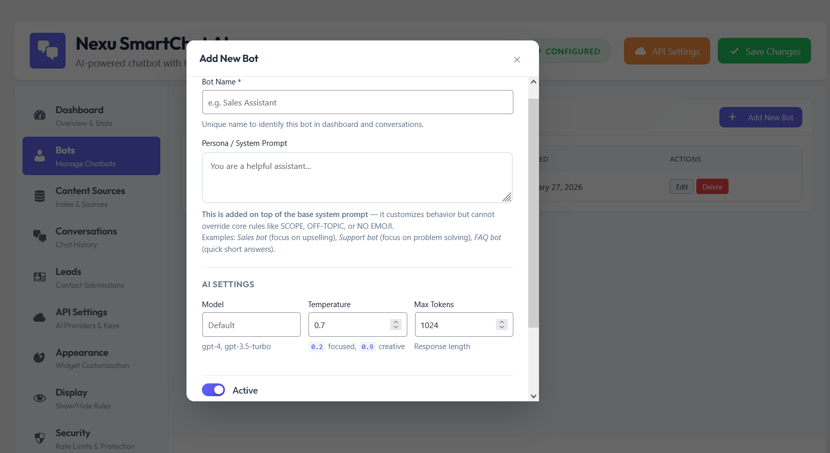 Bot creation page for adding a new specialized AI persona