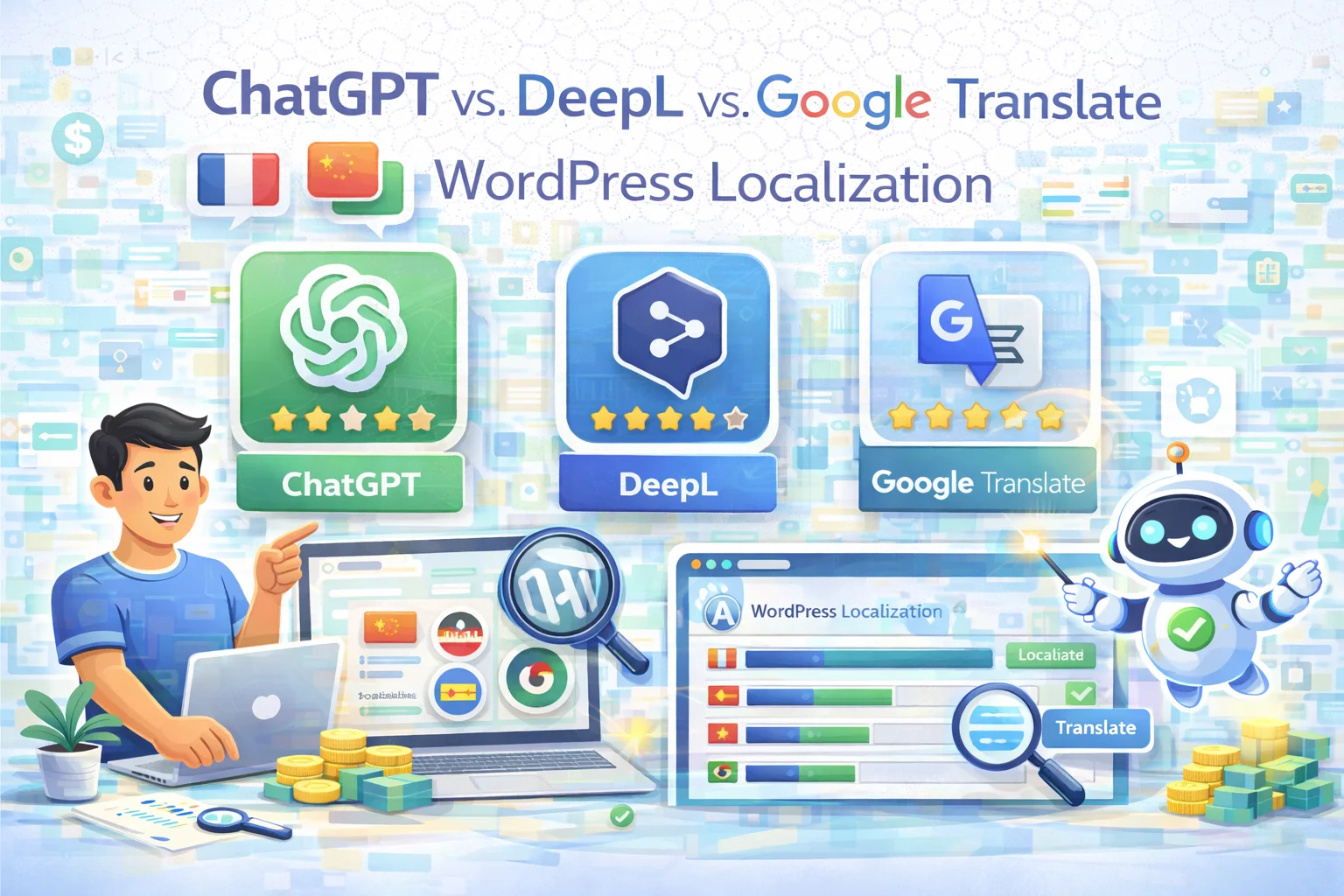 ChatGPT vs. DeepL vs. Google Translate for WordPress Localization 1 ChatGPT vs DeepL vs Google Translate for WordPress localization – honest comparison for plugin and theme translation in 2026