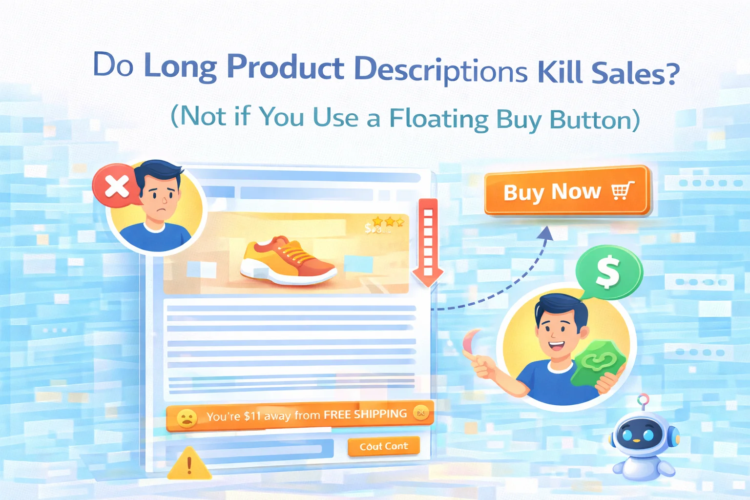 Do Long Product Descriptions Kill Sales? (Not if You Use a Floating Buy Button) 1 Do long product descriptions kill WooCommerce sales – floating buy button sticky add to cart keeps purchase action accessible while customers read long descriptions on mobile