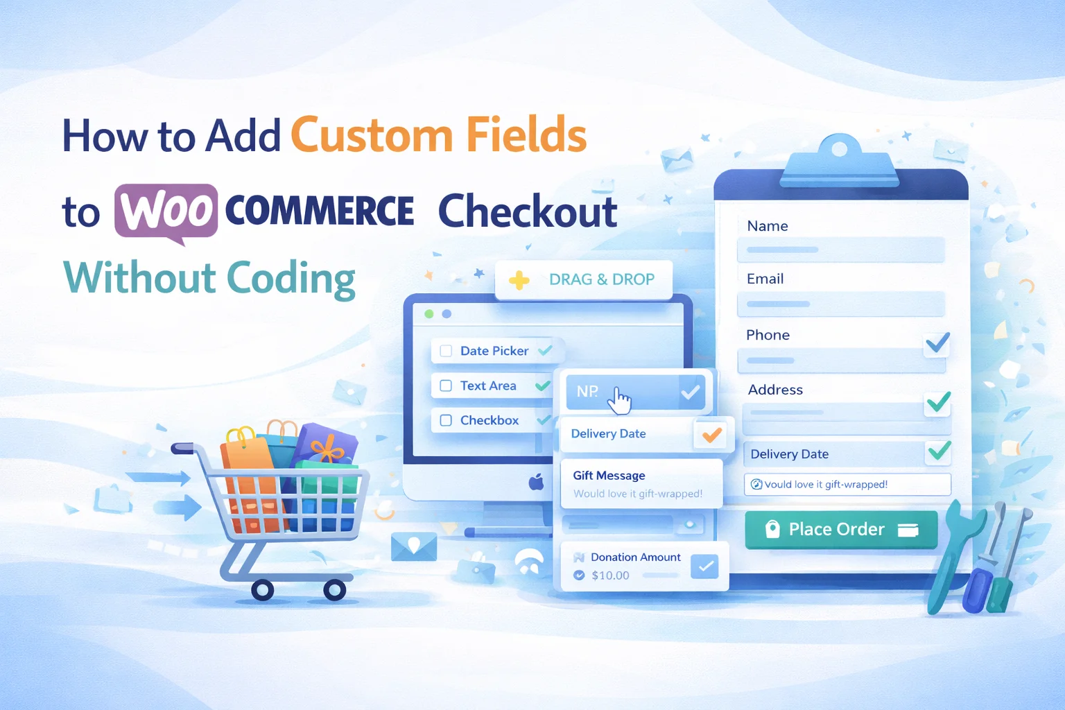How to Add Custom Fields to WooCommerce Checkout Without Coding 1 How to add custom fields to WooCommerce checkout page without coding using a visual drag and drop field editor plugin for beginners