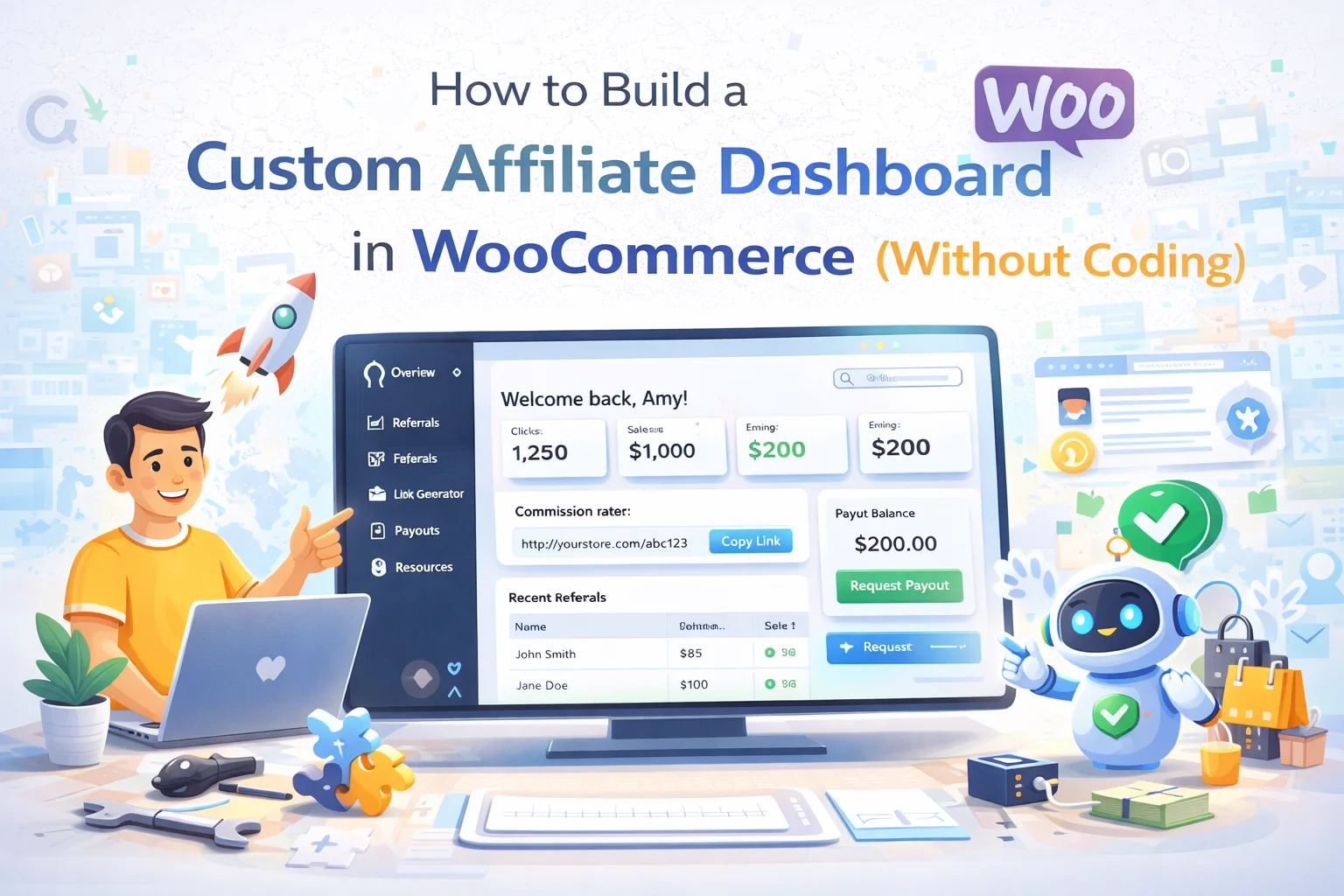 How to Build a Custom Affiliate Dashboard in WooCommerce (Without Coding) 1 How to build a custom affiliate dashboard in WooCommerce without coding – step by step guide using Affiliate Engine plugin with Elementor widgets for a complete no-code affiliate portal