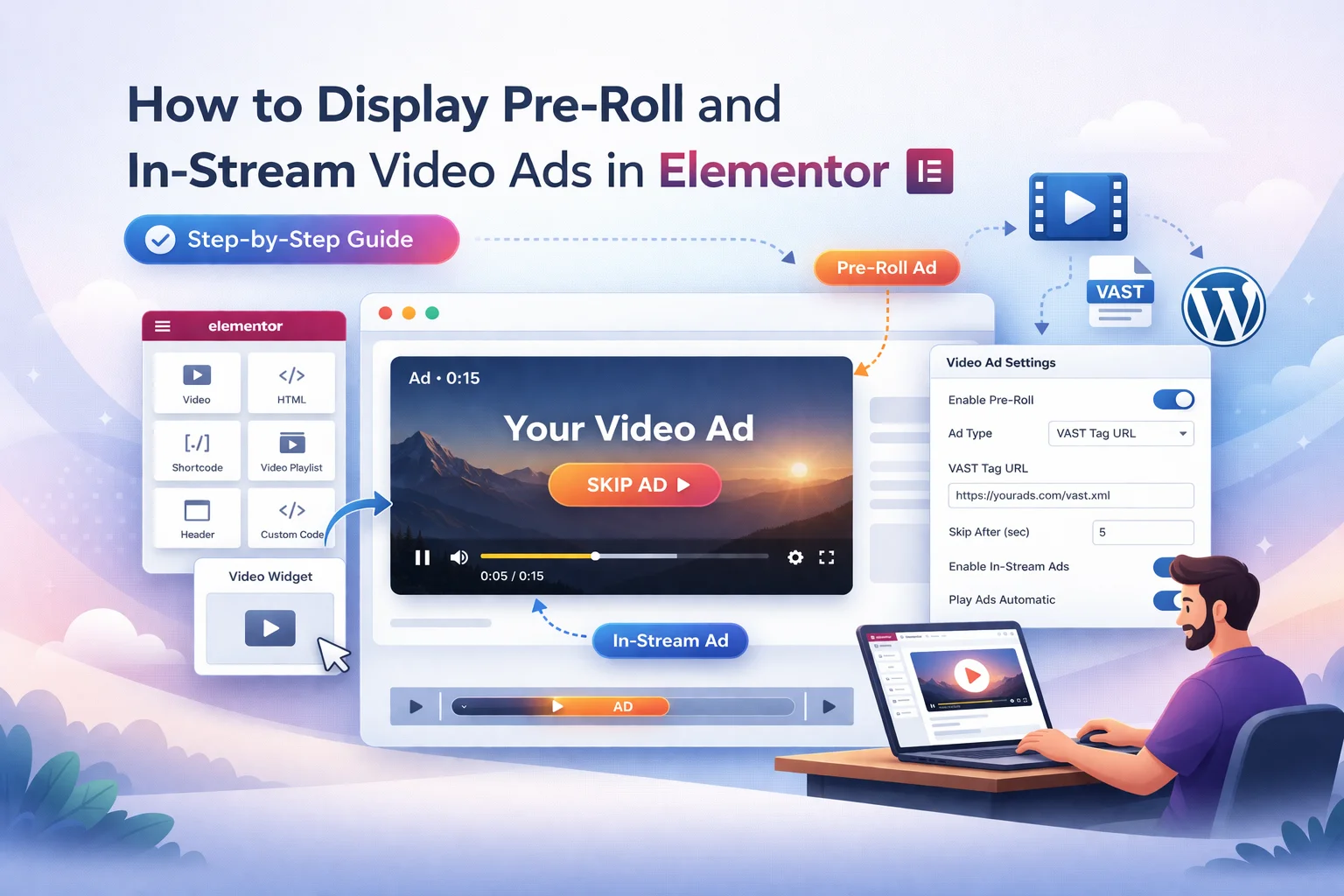 How to display pre-roll and in-stream video ads in Elementor – step-by-step tutorial for WordPress site owners configuring video advertising with skip timing visit actions and global campaigns in 2026