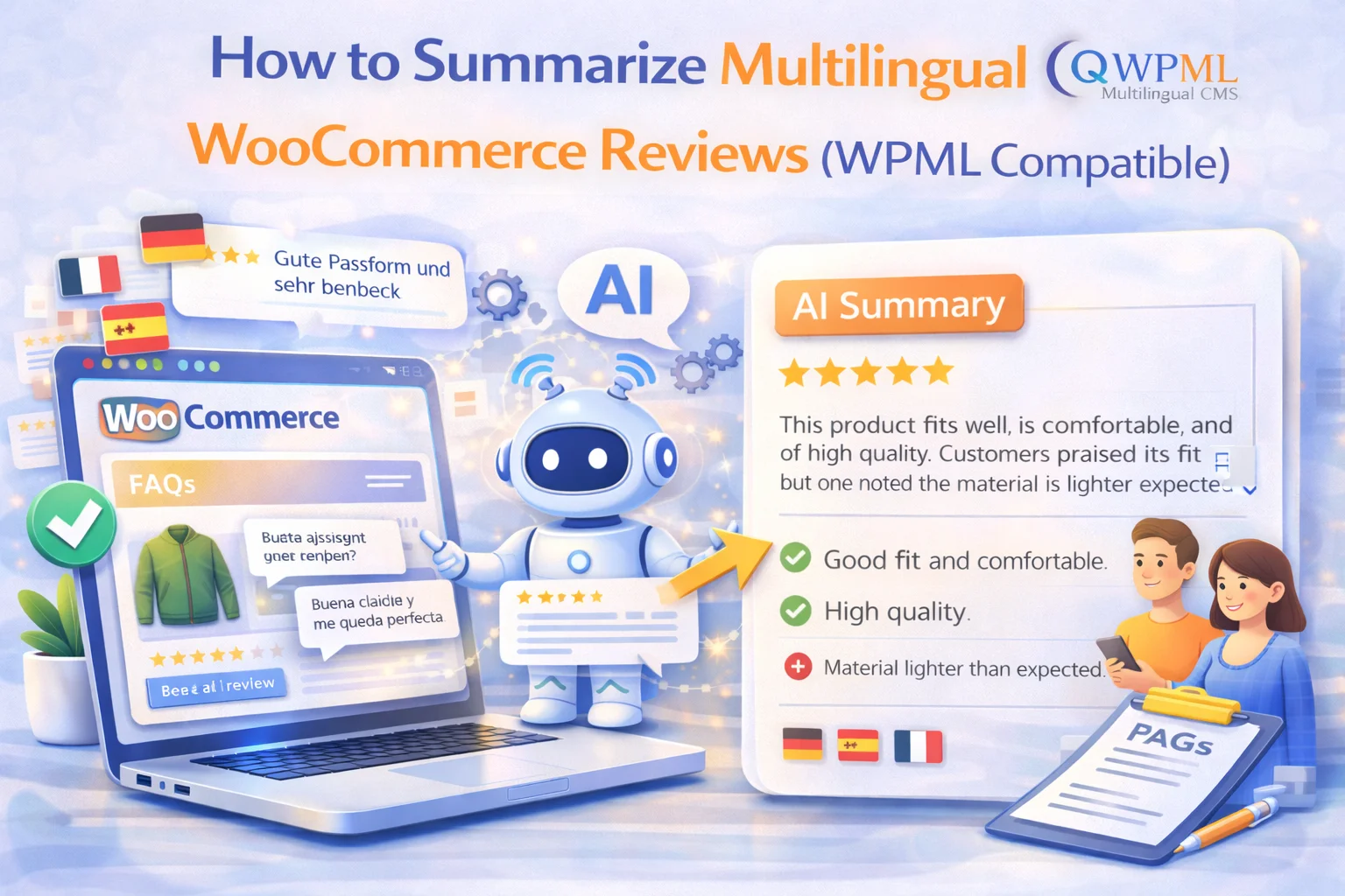 How to Summarize Multilingual WooCommerce Reviews (WPML Compatible) 1 How to summarize multilingual WooCommerce reviews with WPML compatibility - AI-powered review analysis across French, German, Spanish, Arabic and other languages for international stores 2026