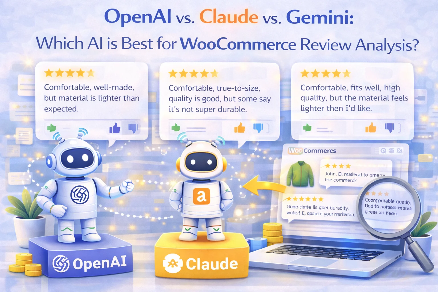 OpenAI vs. Claude vs. Gemini: Which AI is Best for WooCommerce Review Analysis? 1 OpenAI GPT-4o vs Claude vs Gemini comparison for WooCommerce review analysis - which AI model produces the best review summaries, pros and cons, and FAQ extraction for e-commerce stores in 2026