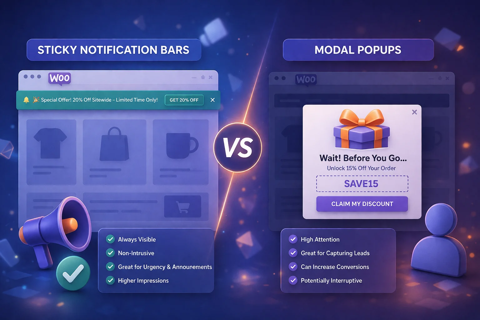 Sticky Notification Bars vs Modal Popups for WooCommerce: A Complete Guide 1 Sticky notification bars versus modal popups for WooCommerce – complete format comparison guide for choosing the right promotional notification style