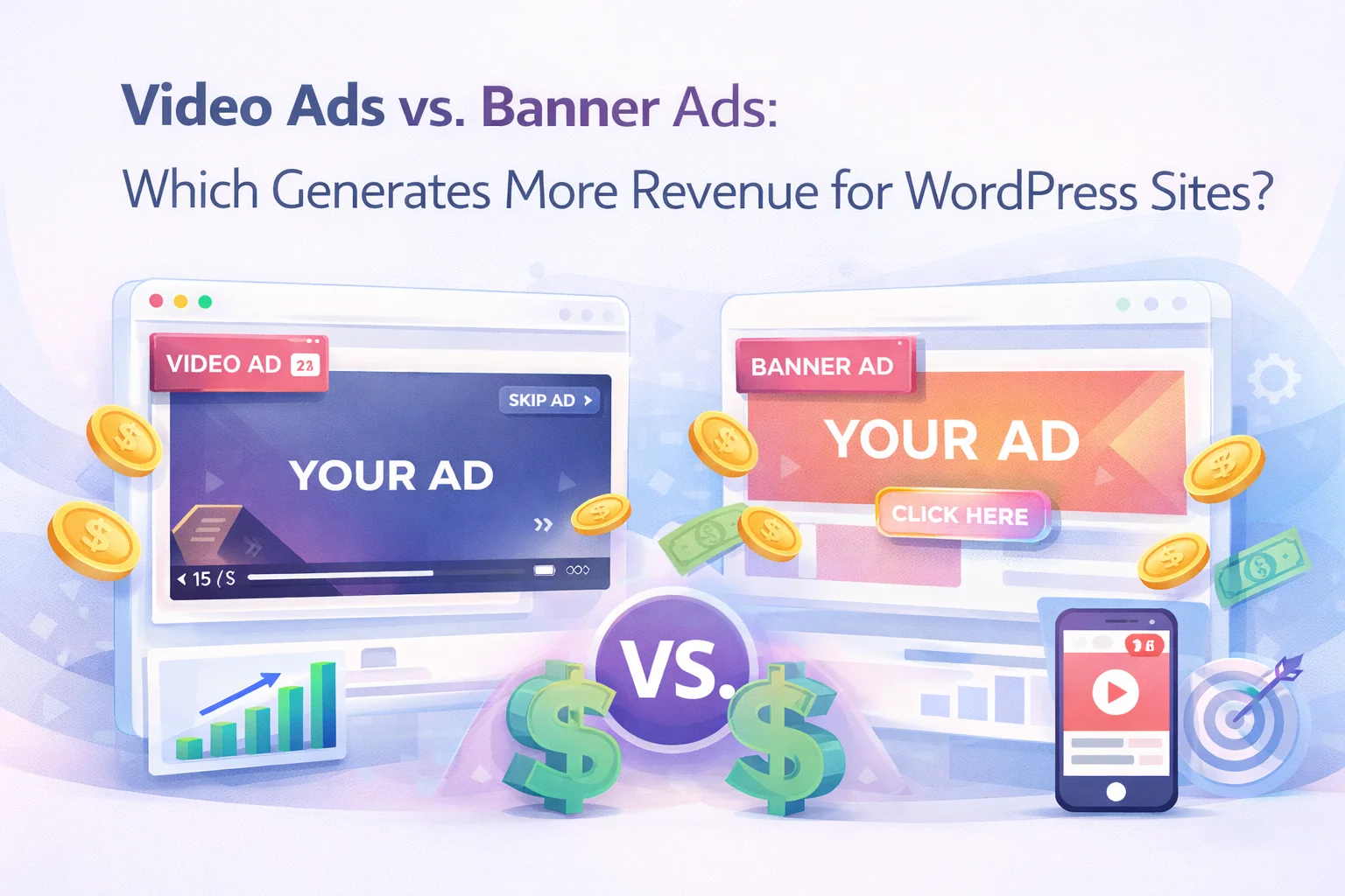 Video ads vs banner ads comparison for WordPress sites – data-driven revenue analysis showing CPM differences click-through rates and monetization performance between video advertising and traditional display banners in 2026