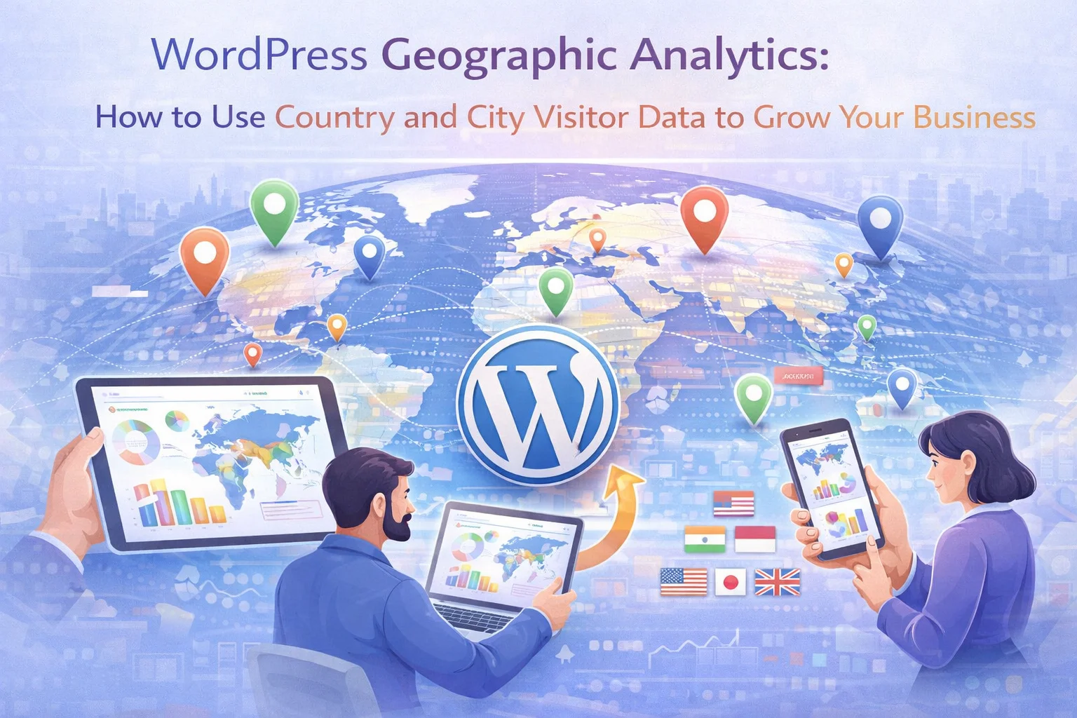 WordPress geographic analytics guide showing how to use country and city visitor data for business growth and audience localization strategy in 2026