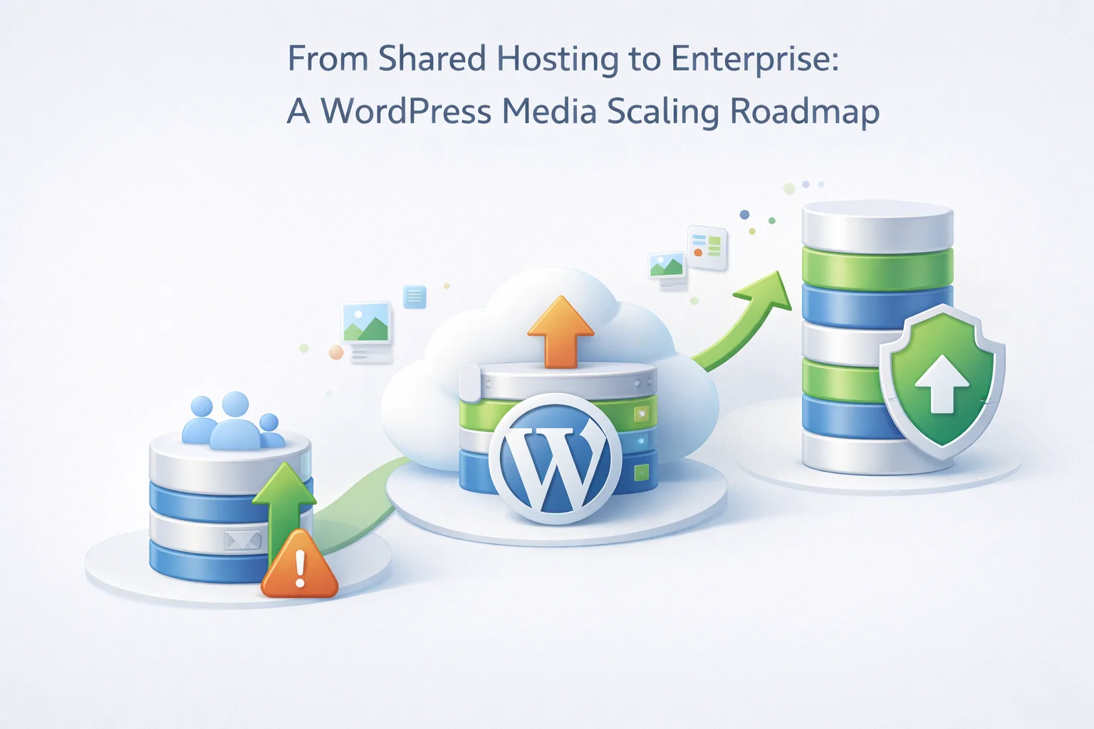 WordPress media scaling roadmap from shared hosting to enterprise infrastructure showing the right media storage decisions at each growth stage