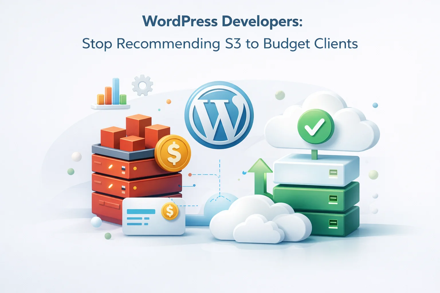 WordPress developer recommending FTP storage instead of AWS S3 to budget clients showing simpler setup lower cost and easier ongoing management for small business sites