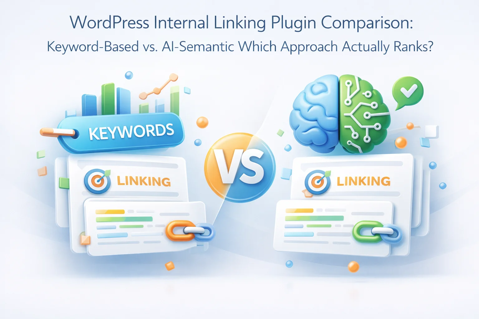 WordPress internal linking plugin comparison keyword-based vs AI semantic approach showing how semantic understanding improves SEO rankings compared to simple keyword matching 2026