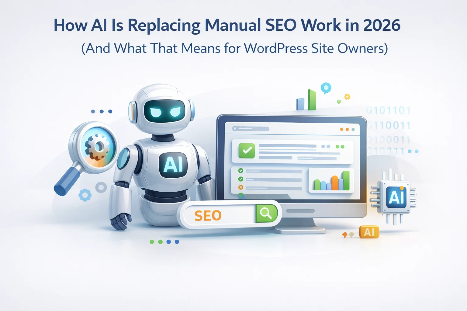 AI automation replacing manual SEO tasks in 2026 showing the transformation of WordPress site optimization and search engine marketing