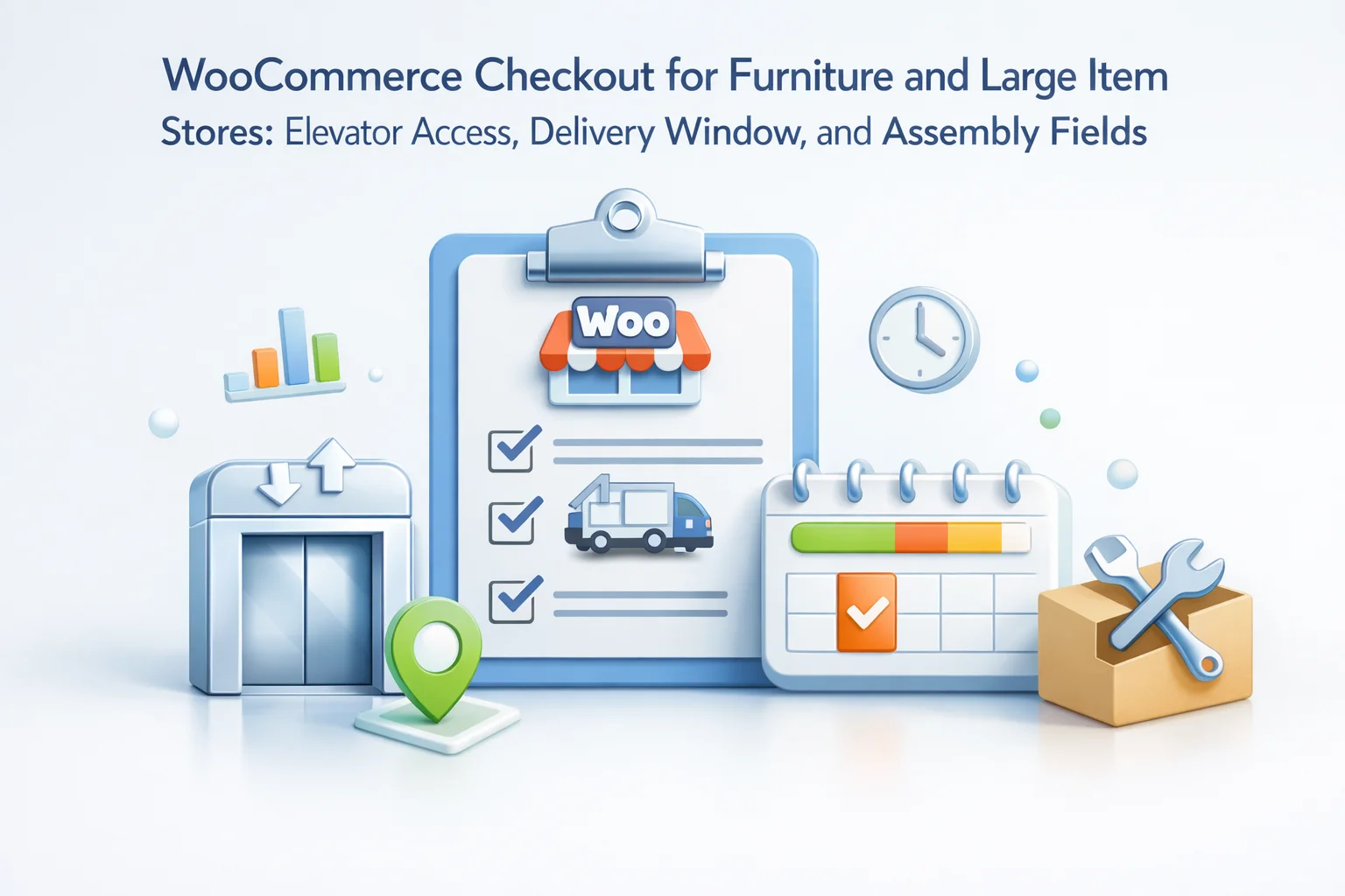 WooCommerce checkout for furniture and large item stores – elevator access, delivery window, floor level, and assembly fields for complex item delivery logistics