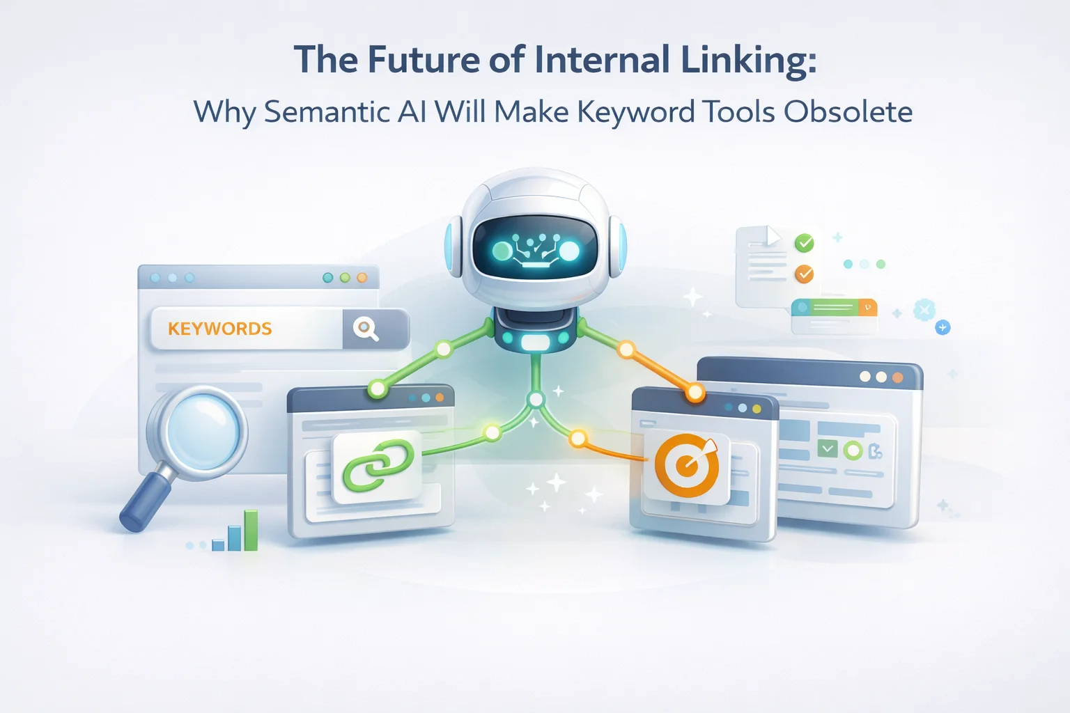 Semantic AI internal linking replacing keyword-based tools showing the evolution from string matching to meaning understanding in WordPress SEO 2026