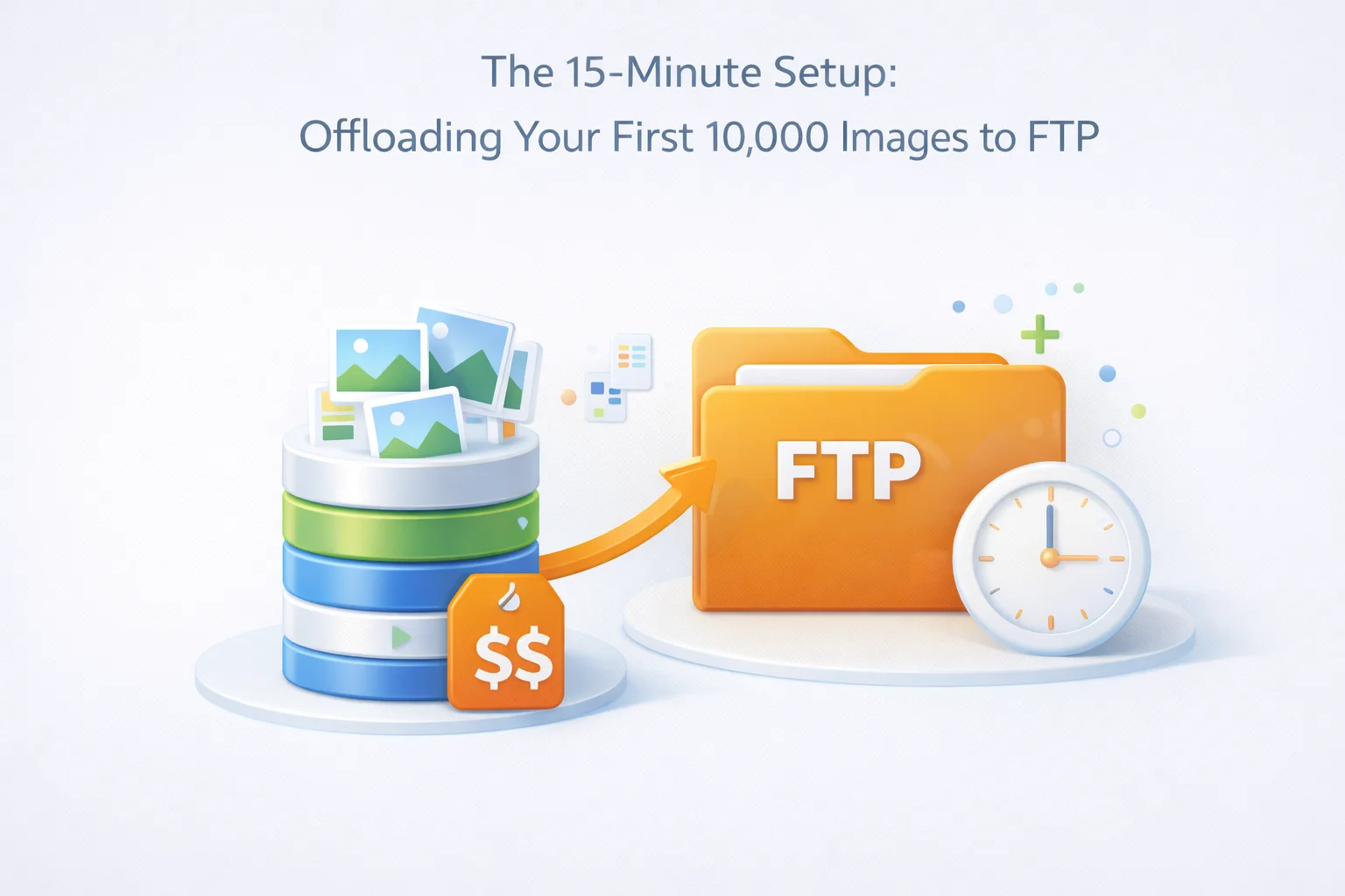 15-minute WordPress FTP media offload setup guide showing step by step how to offload 10000 images from hosting to FTP storage with CDN delivery