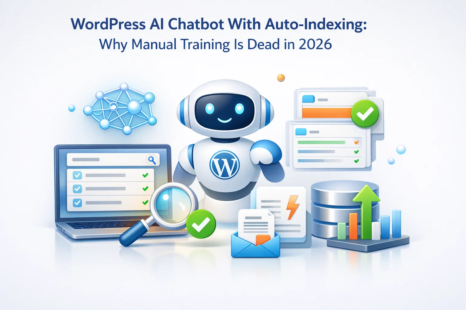 WordPress AI chatbot auto-indexing versus manual training comparison 2026 showing why automated content learning is replacing FAQ-based chatbot setup