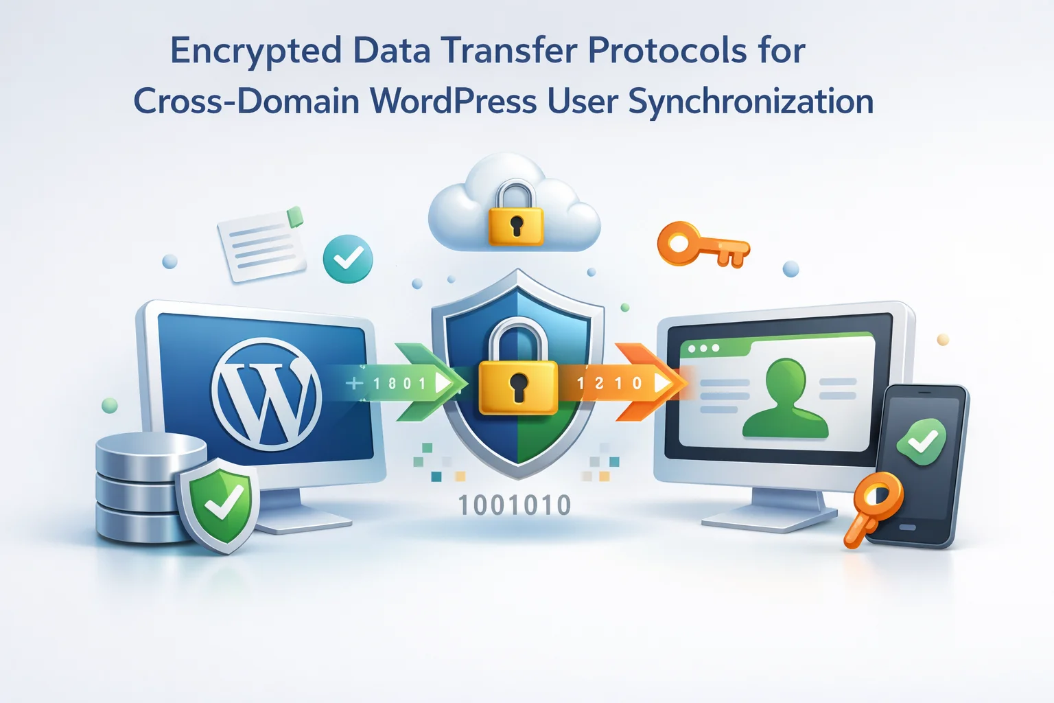 Encrypted data transfer protocols for cross-domain WordPress user synchronization – HMAC signing TLS transport and API key security for secure multi-site user sync 2026