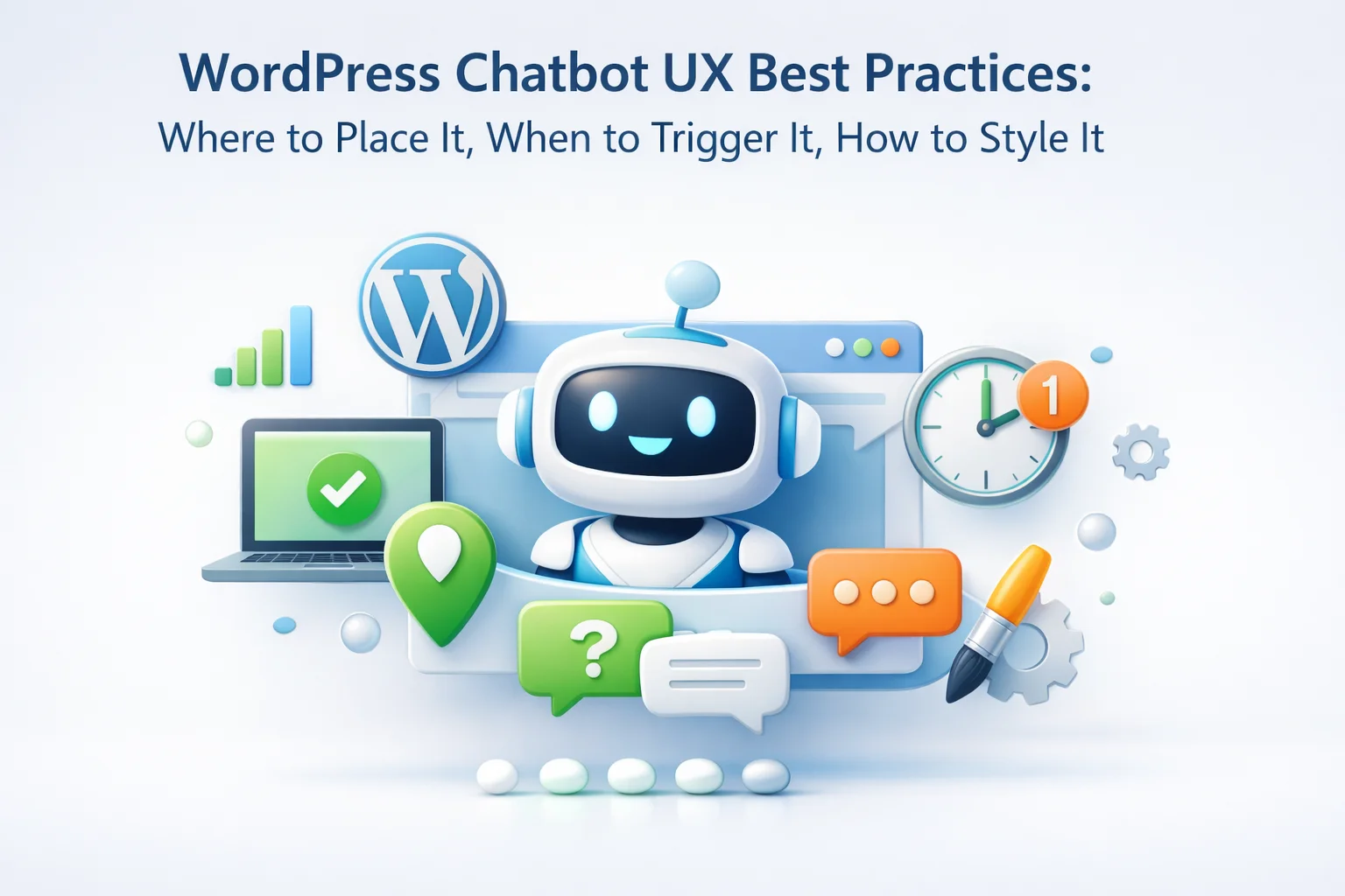 WordPress Chatbot UX Best Practices:Where to Place It, When to Trigger It, How to Style It 1 WordPress chatbot UX best practices guide covering placement positioning trigger timing and visual styling for optimal user engagement 2026