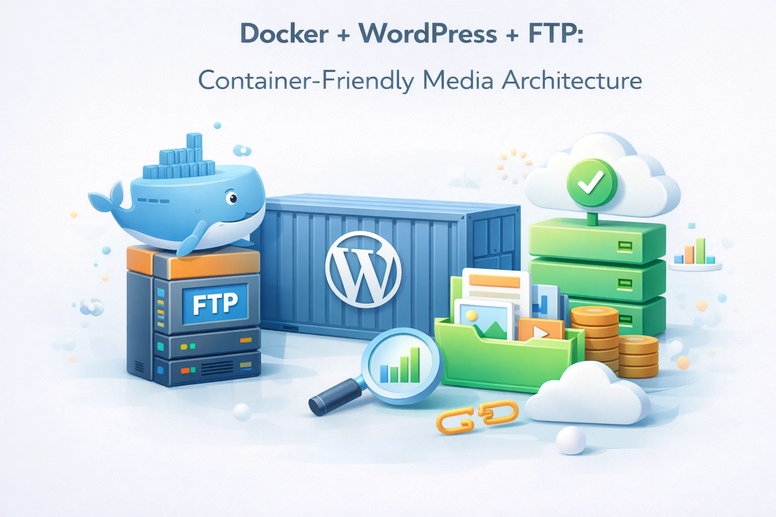 Docker WordPress container architecture with FTP media offload showing how containerized WordPress handles media persistence through external FTP storage instead of container volumes