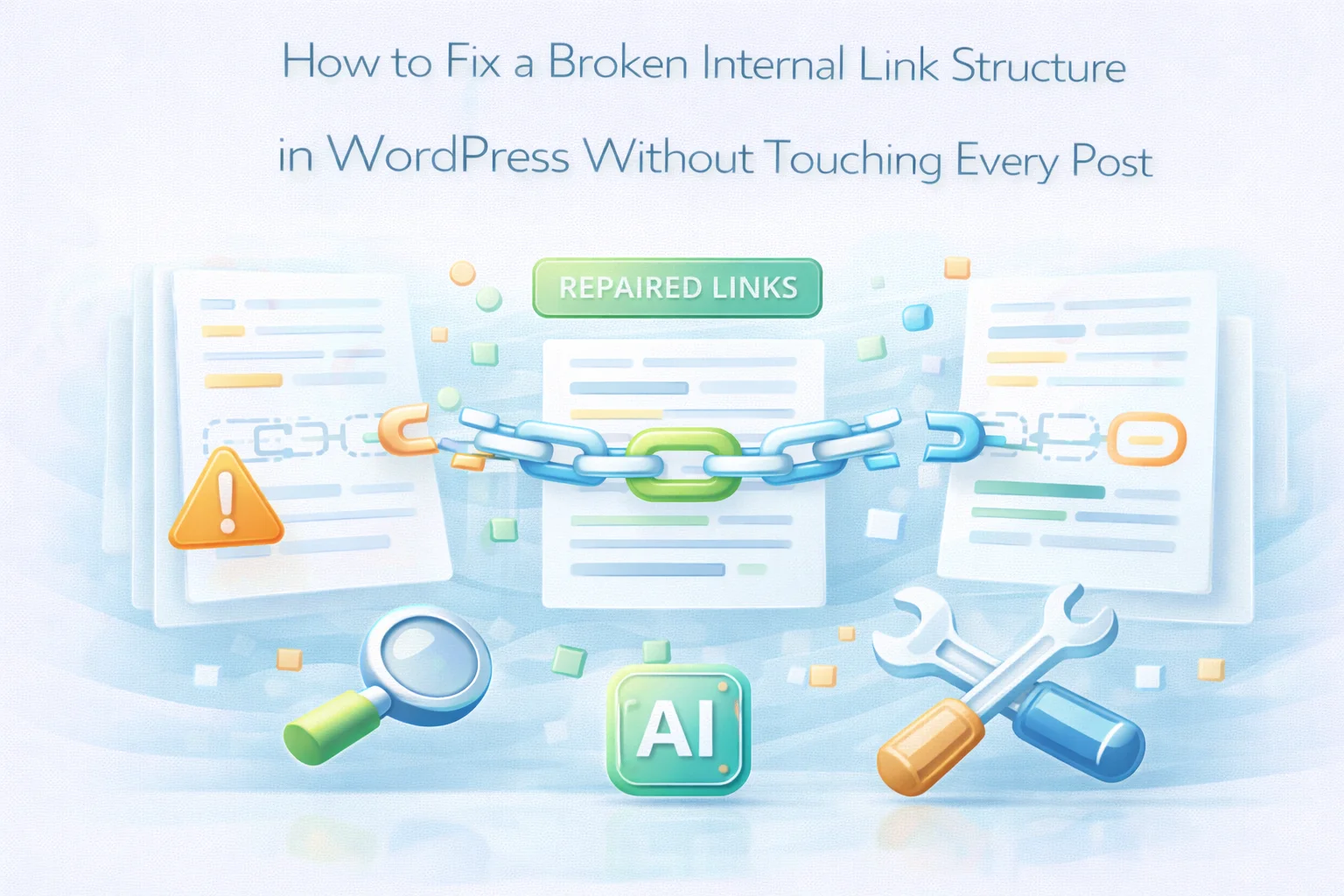 How to Fix a Broken Internal Link Structure in WordPress Without Touching Every Post 1 How to fix a broken internal link structure in WordPress without touching every post showing diagnostic approach and AI-powered systematic repair for sites with poor link architecture 2026