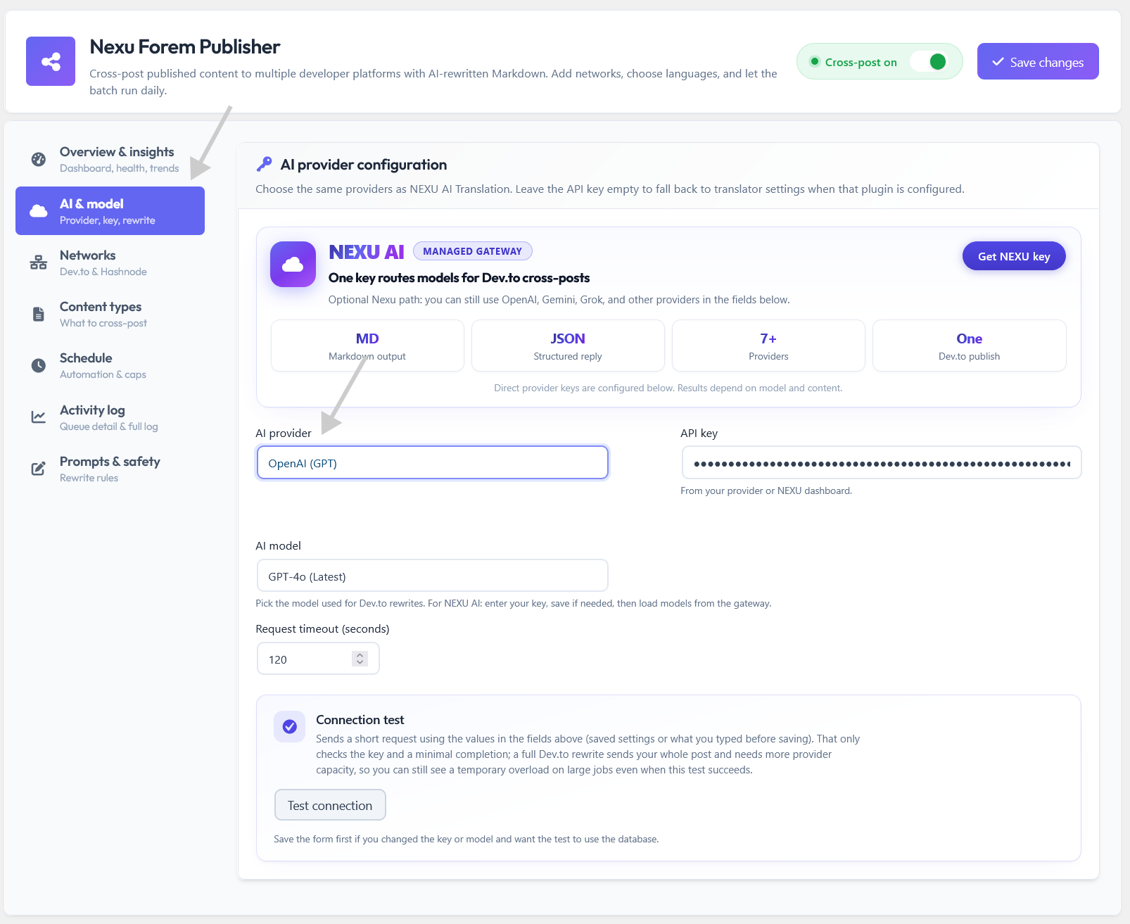 Nexu AI Cross-Post for Dev.to & Hashnode - Auto Share With AI 3 AI and model settings tab in Nexu Forem Publisher