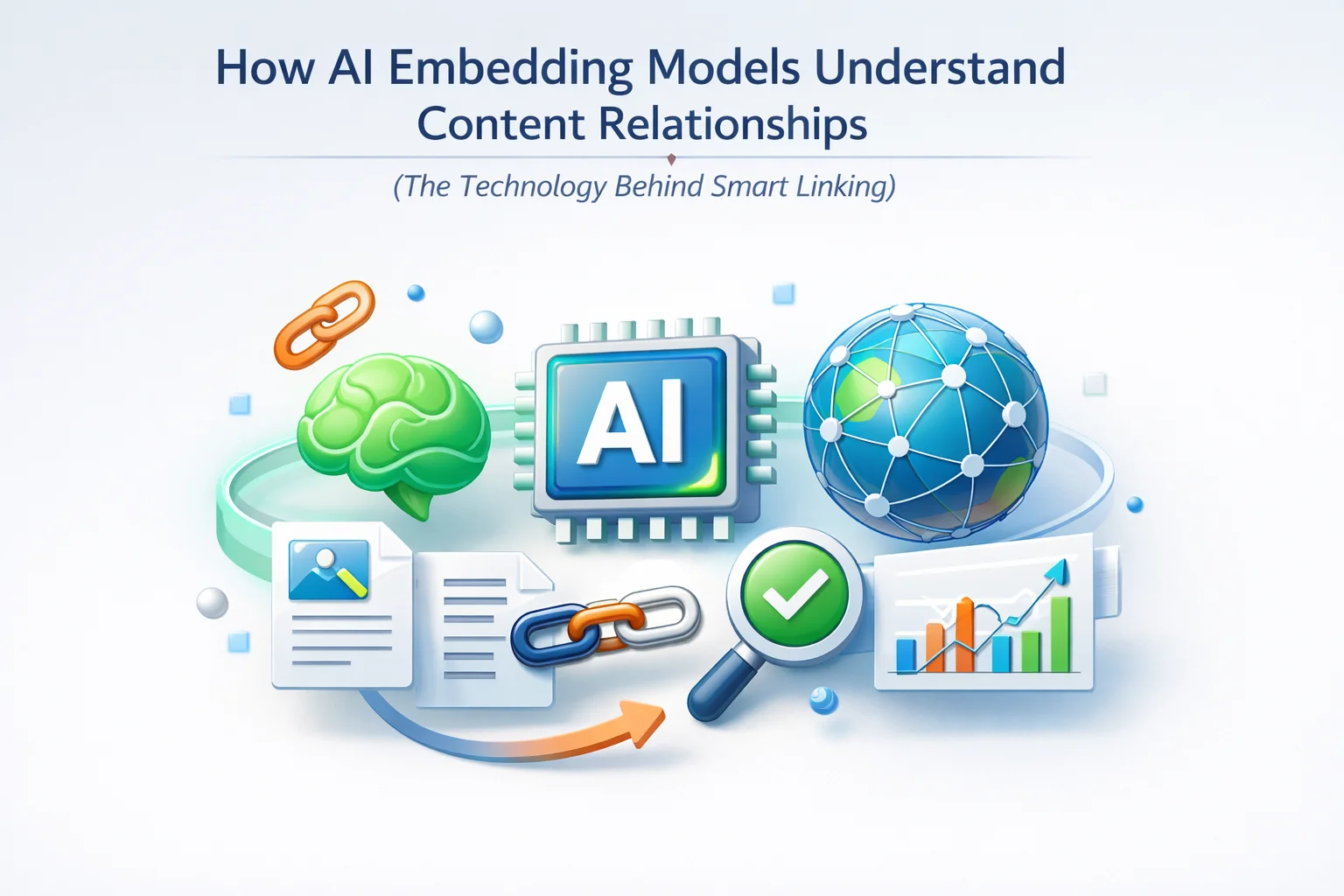 How AI embedding models understand content relationships showing vector space visualization where semantically related WordPress posts cluster together regardless of keyword overlap enabling smart internal linking 2026