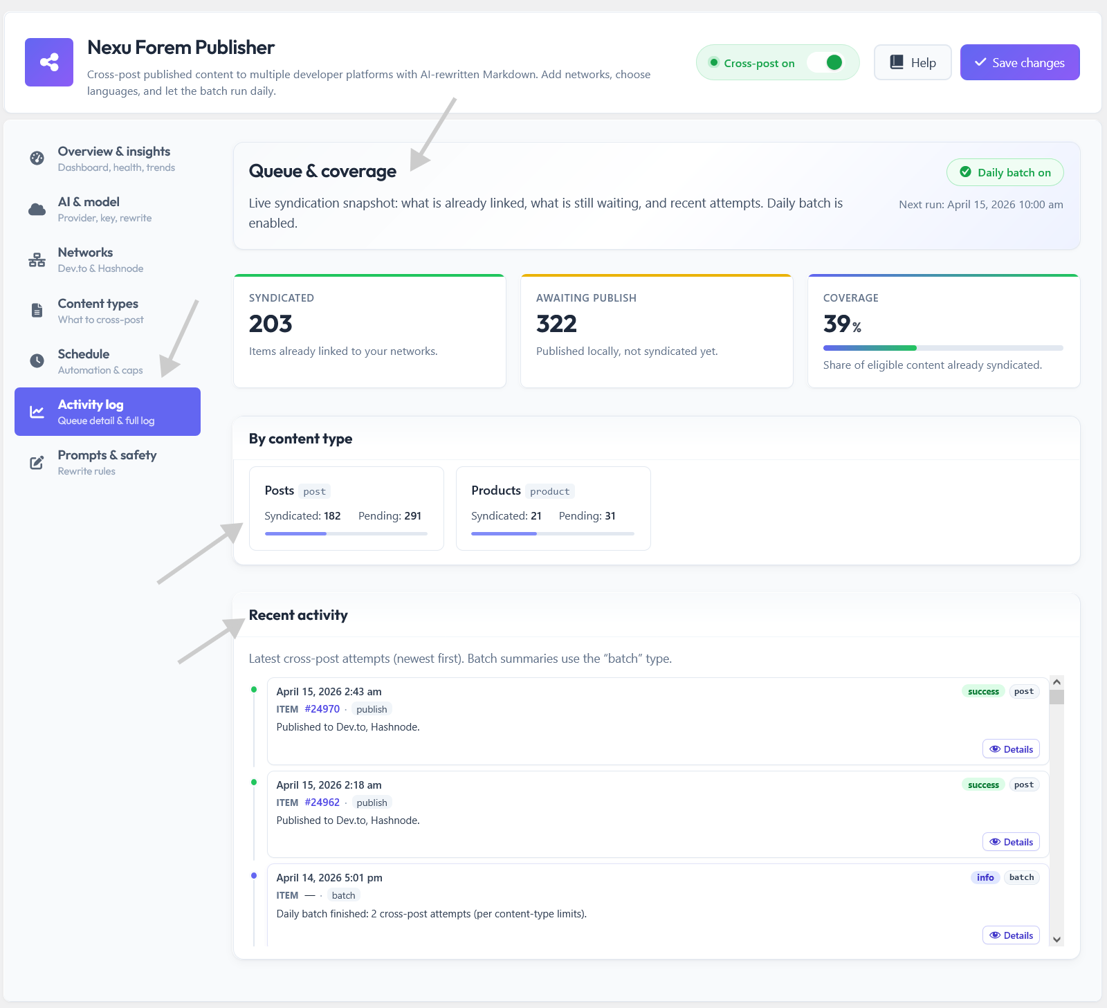 Nexu AI Cross-Post for Dev.to & Hashnode - Auto Share With AI 7 Activity log showing syndication attempts and outcomes