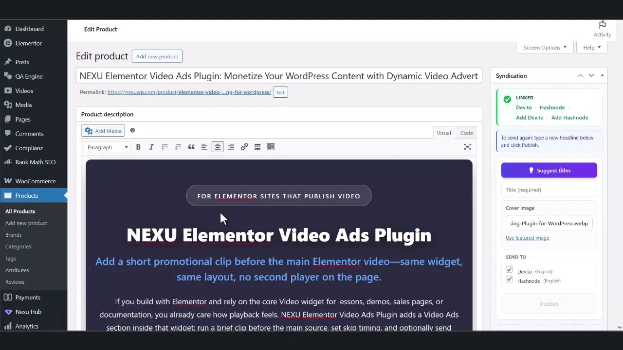 Nexu AI Cross-Post for Dev.to & Hashnode - Auto Share With AI 1 Animated sequence of publishing a WordPress post to developer networks from the editor