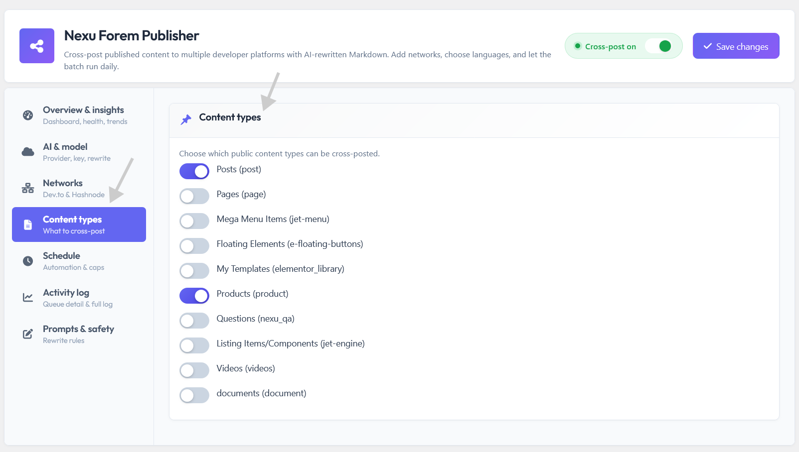 Nexu AI Cross-Post for Dev.to & Hashnode - Auto Share With AI 5 Content types settings for syndication eligibility